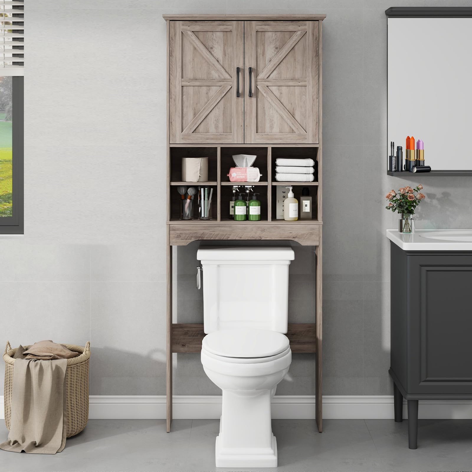Over The Toilet Storage Cabinet with 2 Doors & Adjustable Shelves - Space Saving Bathroom Organizer for Small Spaces, Grey - Perfect for Towels, Toiletries & Bath Essentials Storage