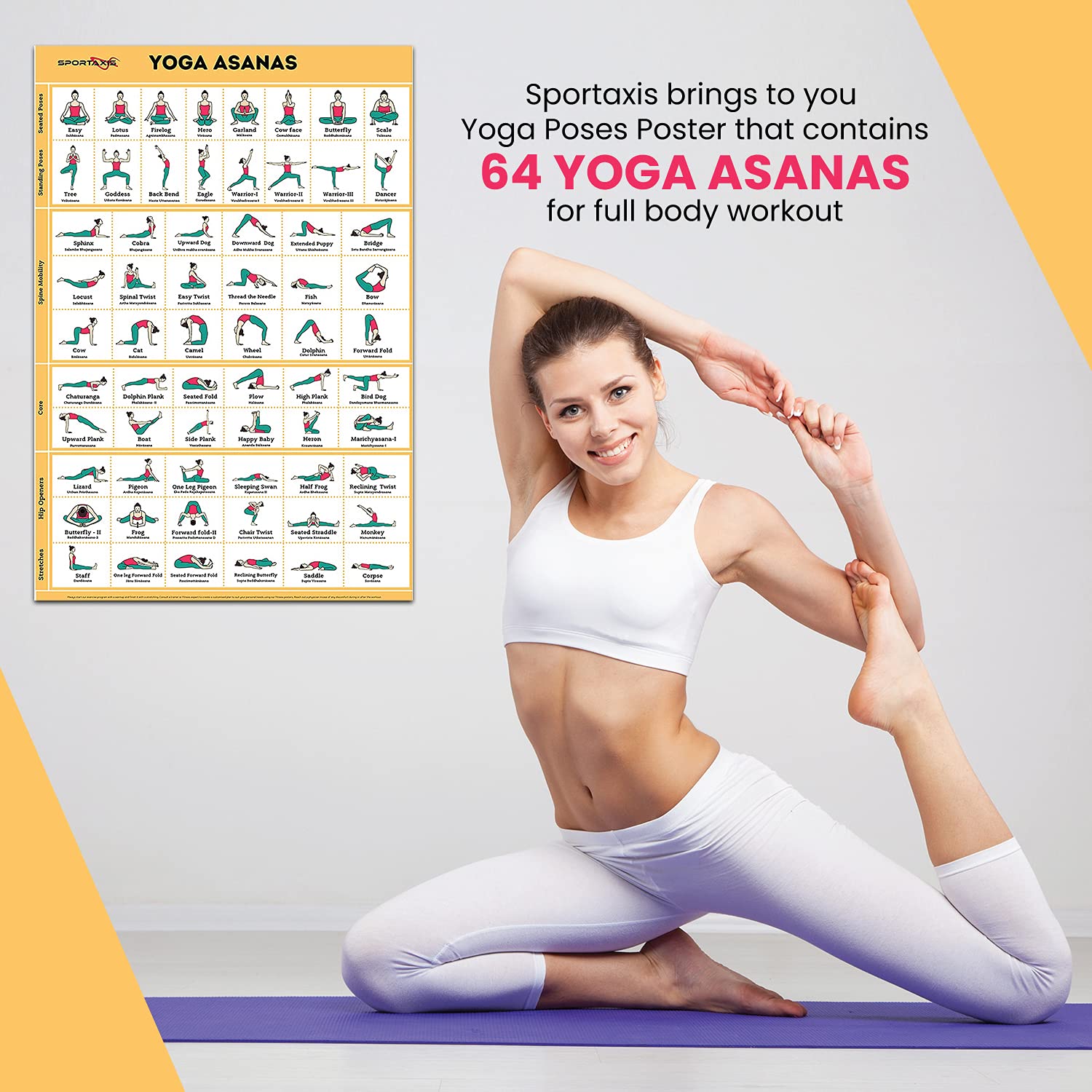 SPORTAXIS Yoga Poster - 64 Asanas for Home Workout & Fitness