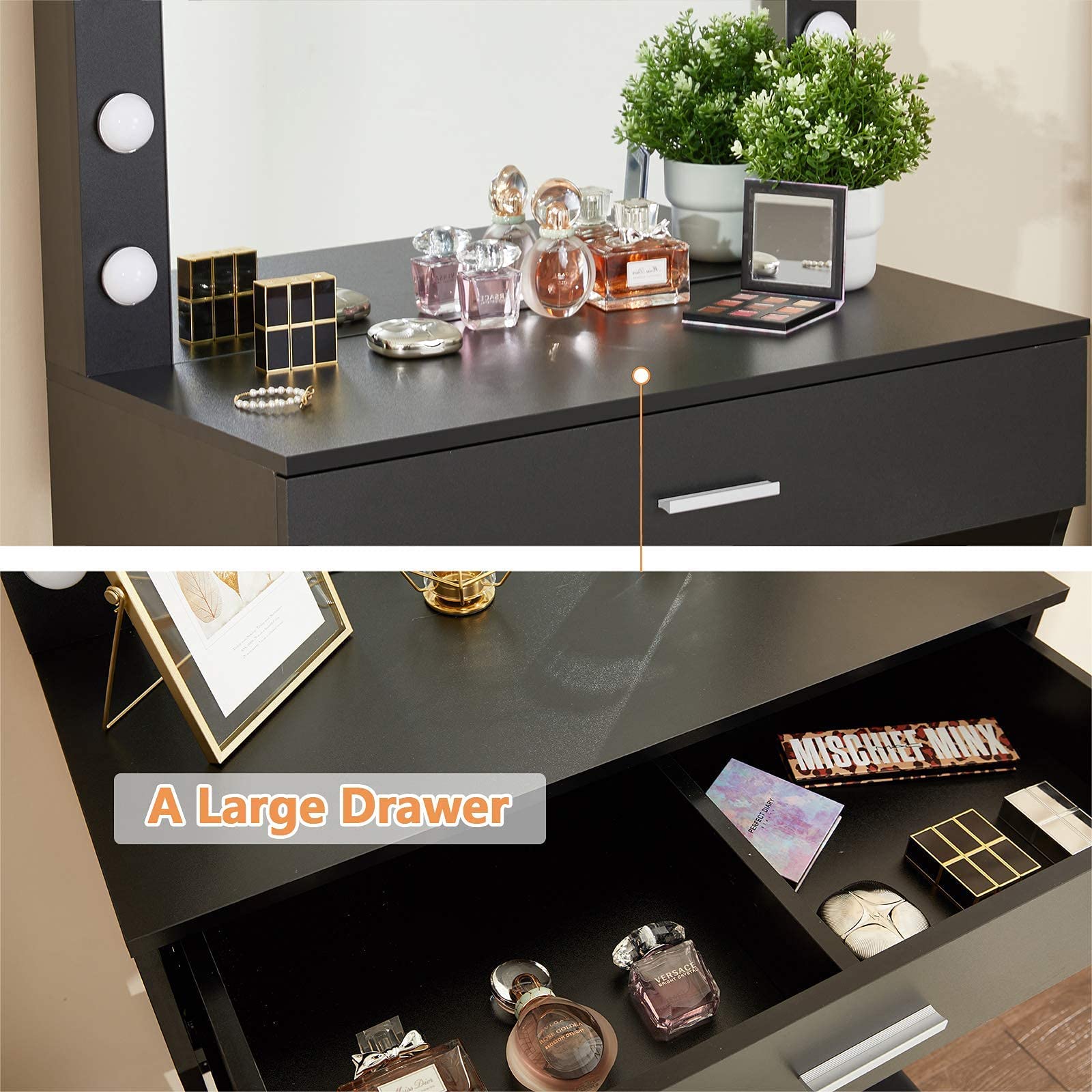 Black Vanity Desk with Mirror & LED Lights - Adjustable Brightness, Large Drawer & Sturdy Wood Makeup Vanity (31.5 Inch) - Perfect for Bedroom, Dressing Room & Beauty Salon
