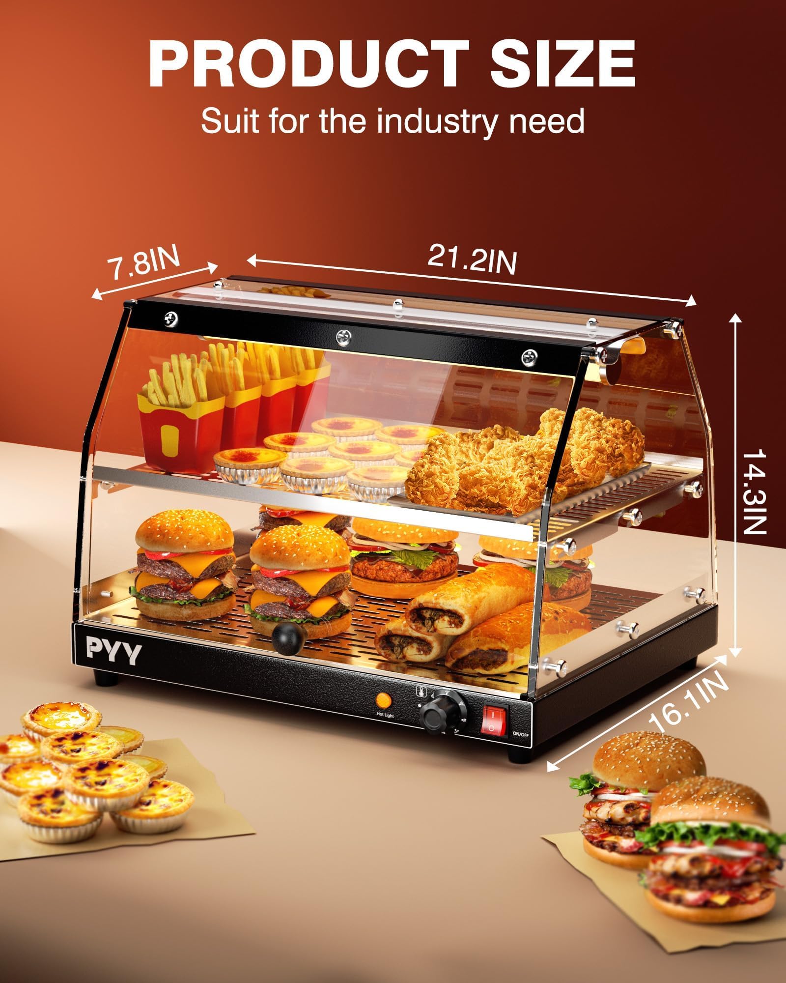 Commercial 2-Tier Pizza Warmer with LED Lighting - Countertop Food Display Warmer for Pastries, Pretzels & Snacks - Perfect for Bakeries, Cafes & Food Trucks
