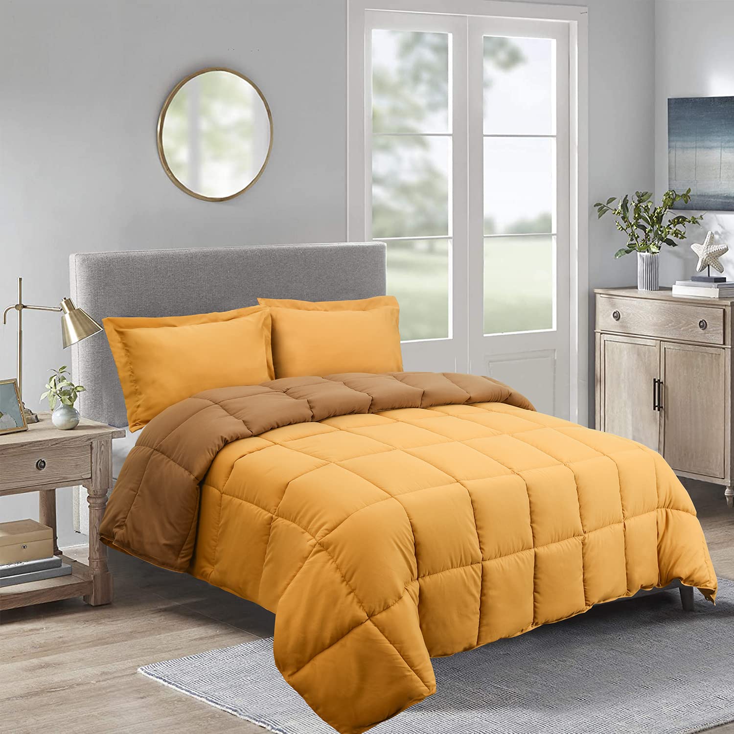 HIG 3-Piece All Season Reversible Mustard Yellow Down Alternative Comforter Set Twin Size - Baffle Box Construction - 100% Hypoallergenic Polyester Filling - Breathable Wrinkle Resistant Bedding - Perfect for Guest Rooms, Dorms & Cozy Bedrooms