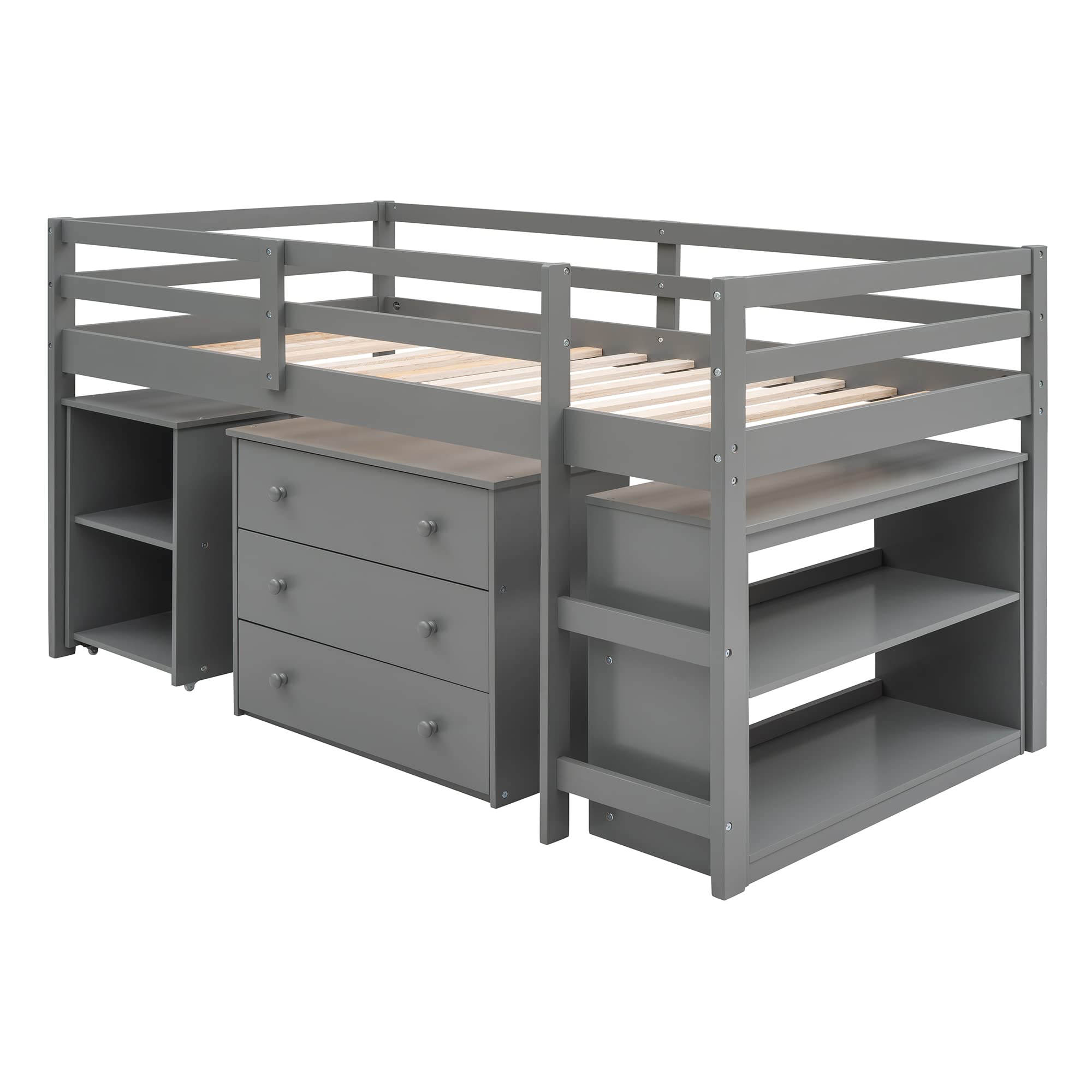 Twin Size Loft Bed with Desk and Cabinet - Low Study Loft Bed Frame for Kids & Teens, Gray - Perfect for Small Rooms, Dormitories & Space-Saving Kids Bedrooms
