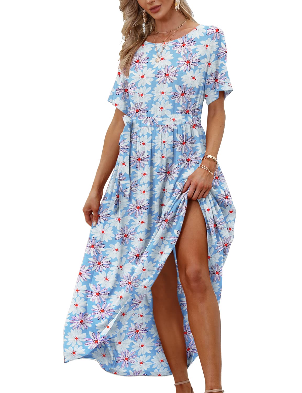 YESNO Women's 2022 Summer Floral Boho Maxi Dress with Belt - Casual Short Sleeve Beach Dress for Vacation, Party & Outdoor Activities | E68