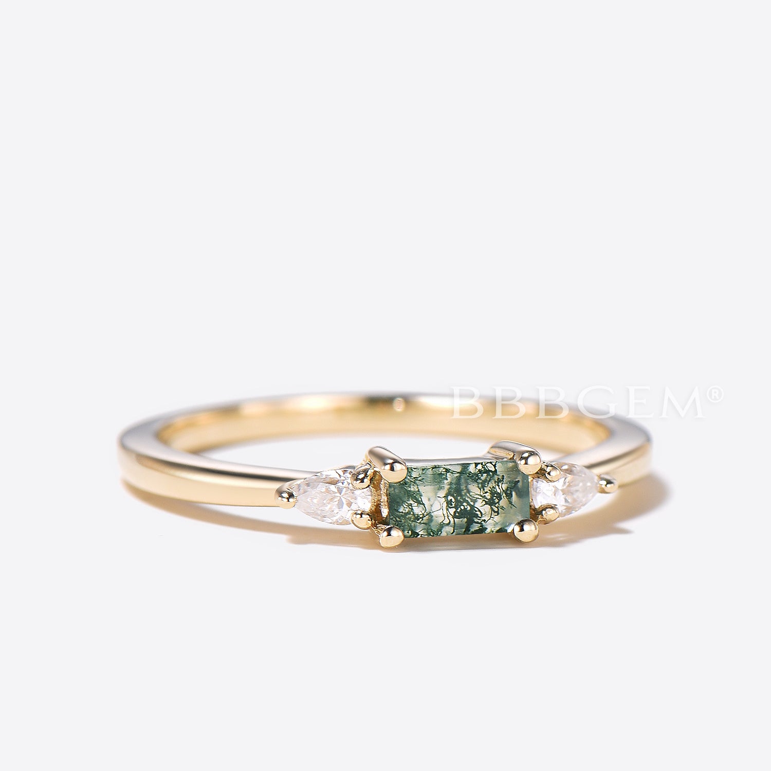 Minimalist Baguette Natural Moss Agate Wedding Band with Three Stone Diamonds - Elegant Stackable Ring for Women, Perfect for Engagement, Anniversary & Everyday Wear