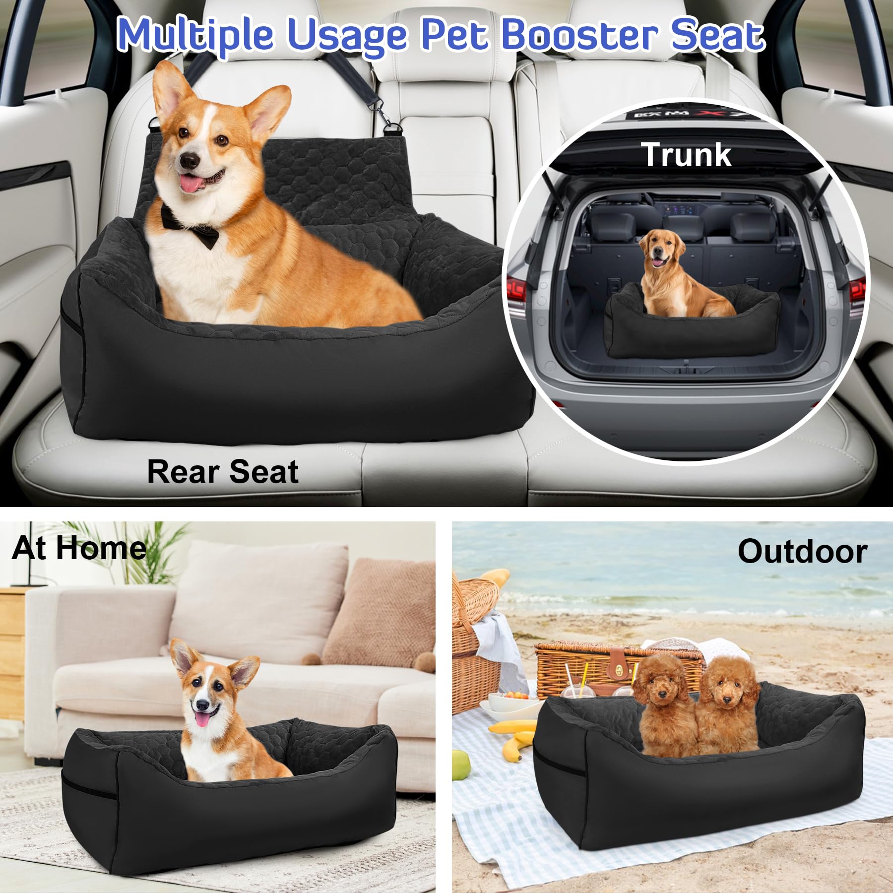 **INFANZIA Foam Dog Car Booster Seat for Large & Medium Dogs - Detachable Pet Car Seat with Storage Pockets, Holds Pets Under 60Lbs or 2 Small Dogs - Elevated Dog Car Bed for Back Seats (29IN, Black) - Perfect for Road Trips & Safe Travel**