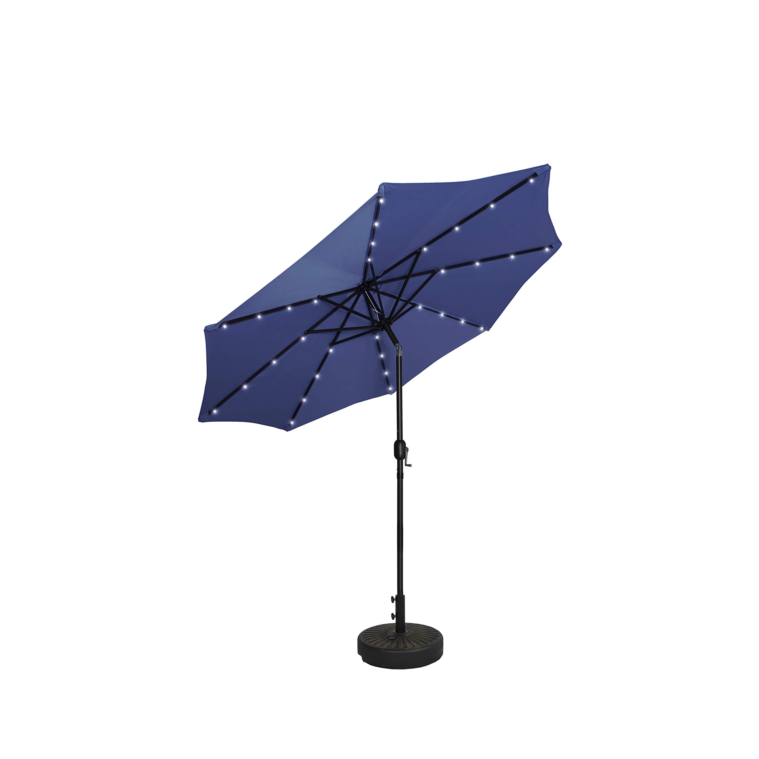 WO Home Furniture 9 FT Outdoor Patio Solar Powered LED Market Umbrella with Bronze Round Free Standing Weight Base - Navy Blue | Perfect for Backyard, Garden, Poolside & Outdoor Dining