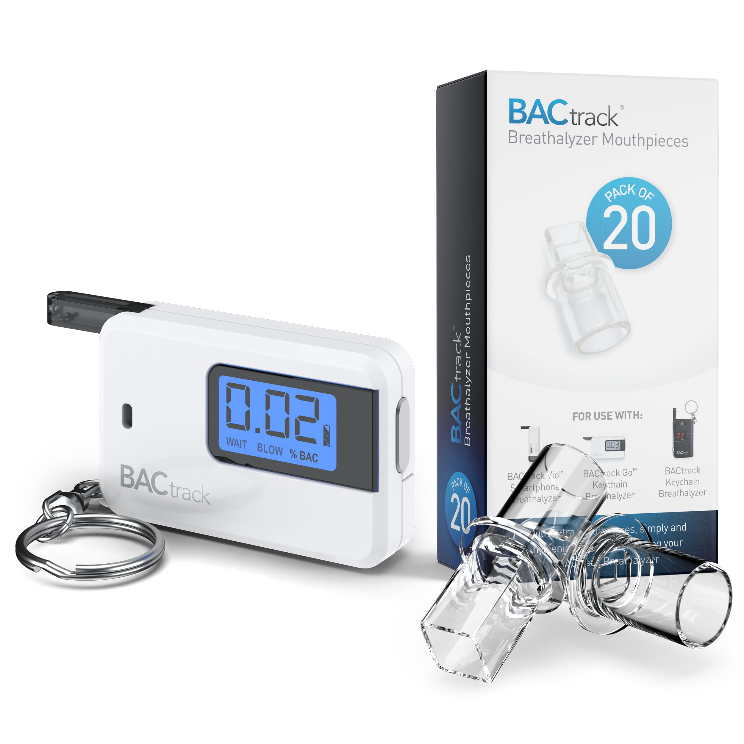 BACtrack Go Keychain Breathalyzer (White) with 20 Disposable Mouthpieces - Portable Alcohol Tester for Personal & Professional Use - Perfect for Parties, Events, and Workplace Safety