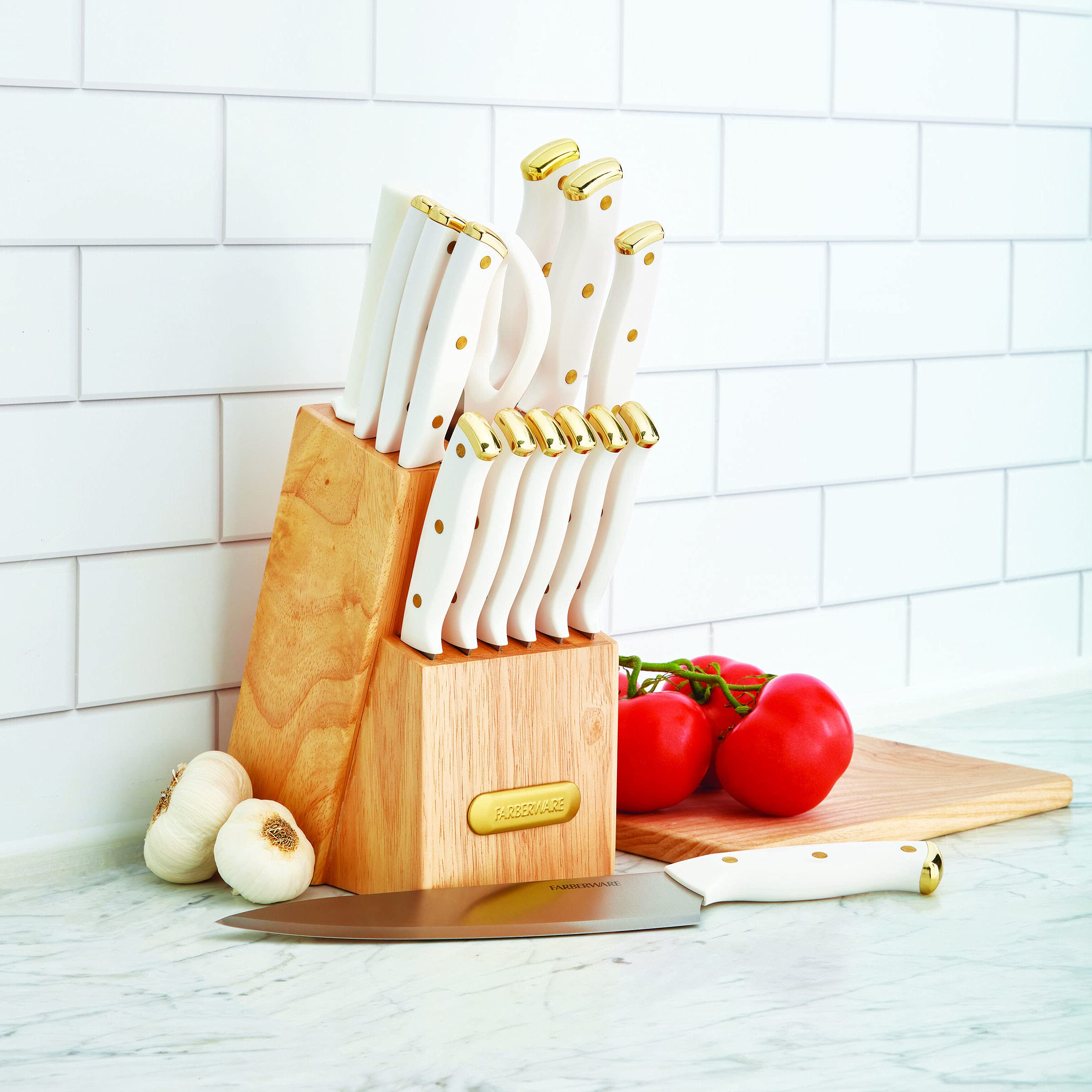Farberware 15-Piece Triple Riveted Knife Block Set - High Carbon Stainless Steel Kitchen Knives with Razor-Sharp Blades & Wood Storage Block (White & Gold) - Perfect for Home Chefs, Cooking Enthusiasts & Professional Kitchens