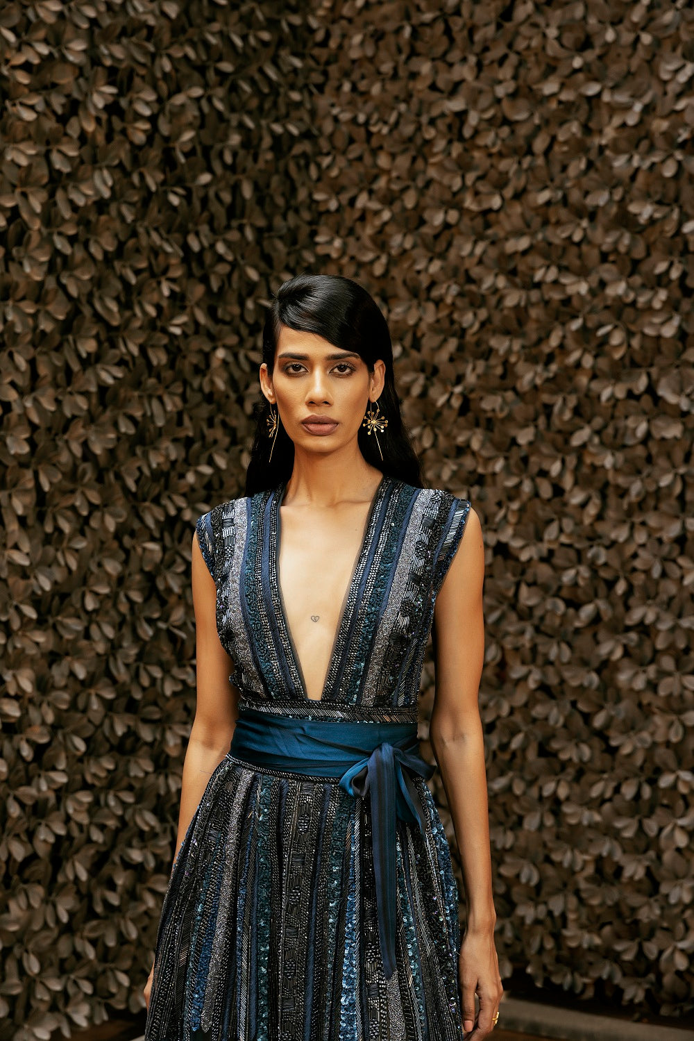 Elegant Midnight Blue Tulle Dress with Hand-Embroidered Baroque Metallic Details & Gemstones - Perfect for Evening Galas, Prom Nights, and Special Occasions