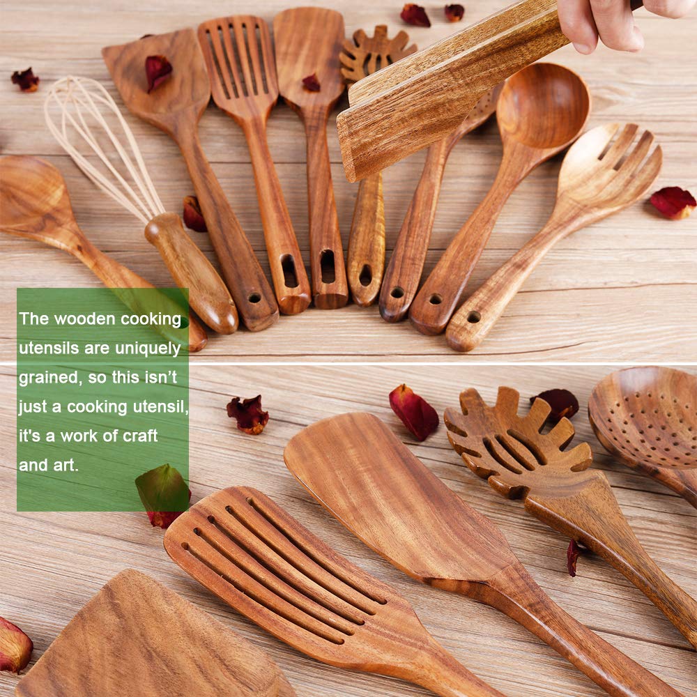 Premium Teak Wood Kitchen Utensil Set with Holder - 11-Piece Natural Wooden Cooking Tools Including Spatula, Ladle & Spoons - Ideal for Sauteing, Baking & Non-Stick Cookware