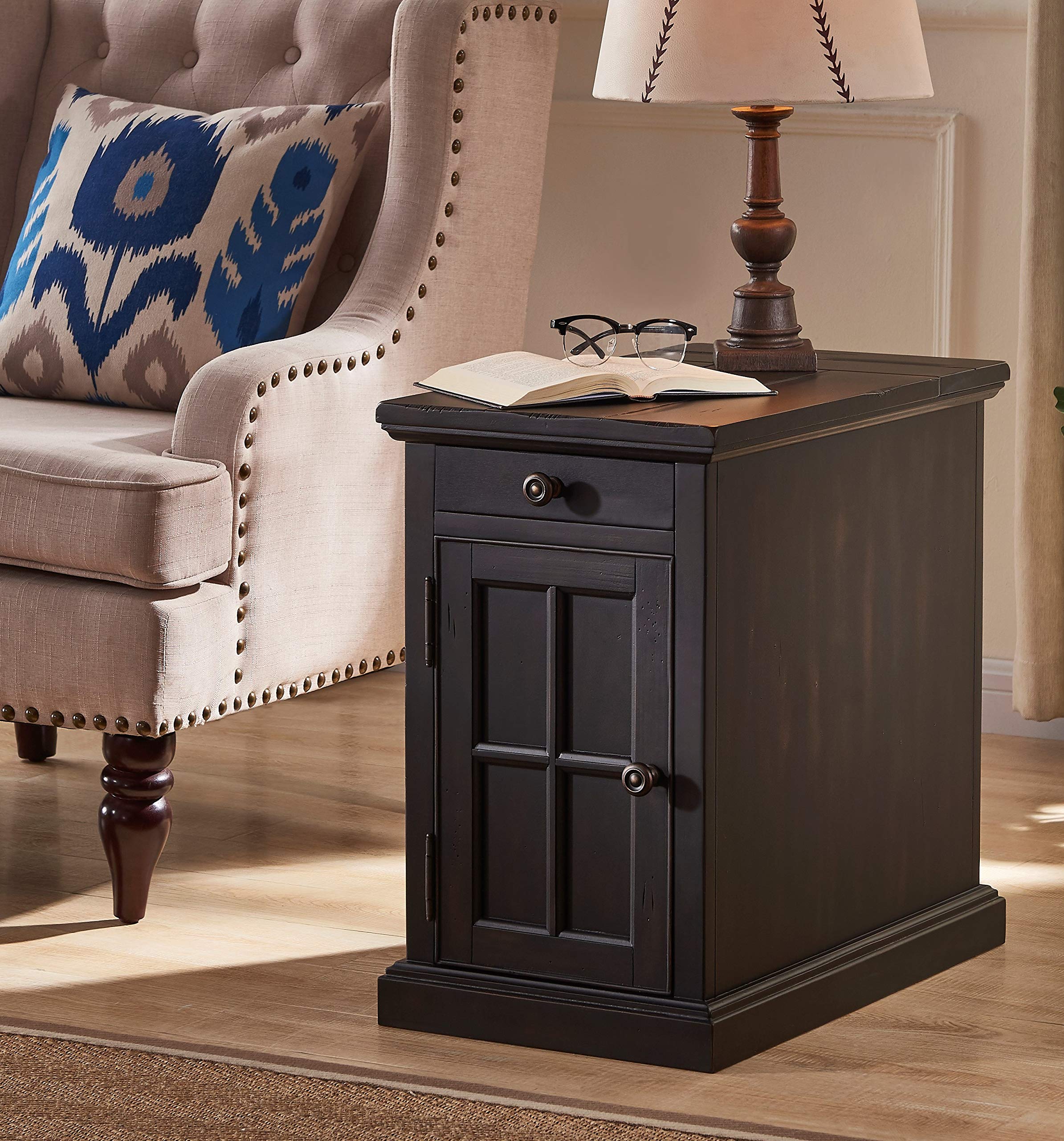 Saldana Chairside End Table with Cup Holders, USB Ports & Outlets - Black Nightstand for Living Room, Bedroom, or Office - Perfect for Holding Drinks, Charging Devices & Storing Essentials