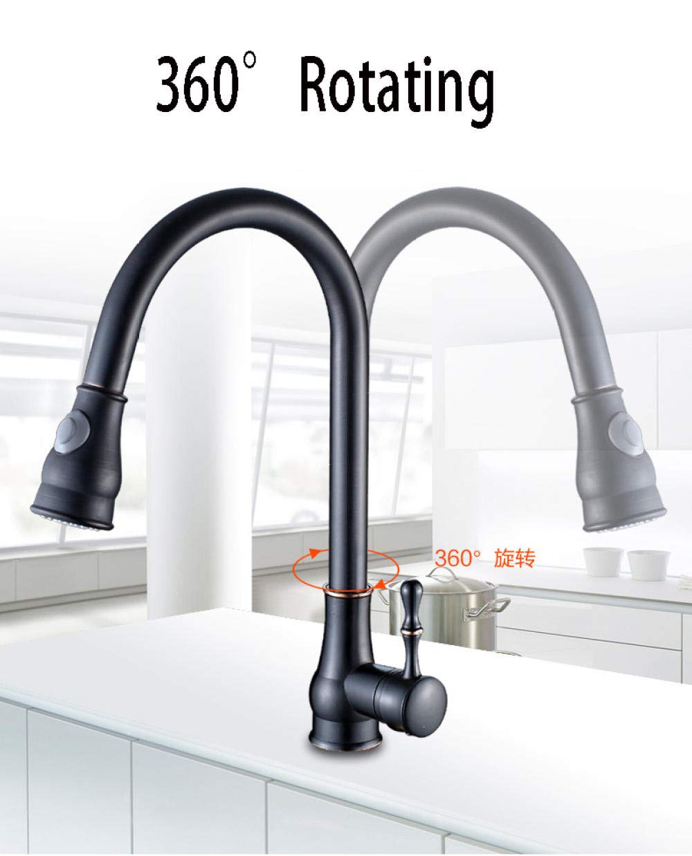 360° Swivel Kitchen Faucet with Pull-Down Sprayer - 2-Function Black Oil Rubbed Bronze Water Outlet Mixer Tap for Modern Sink (Ideal for Washing Dishes, Filling Pots & Cleaning Countertops)