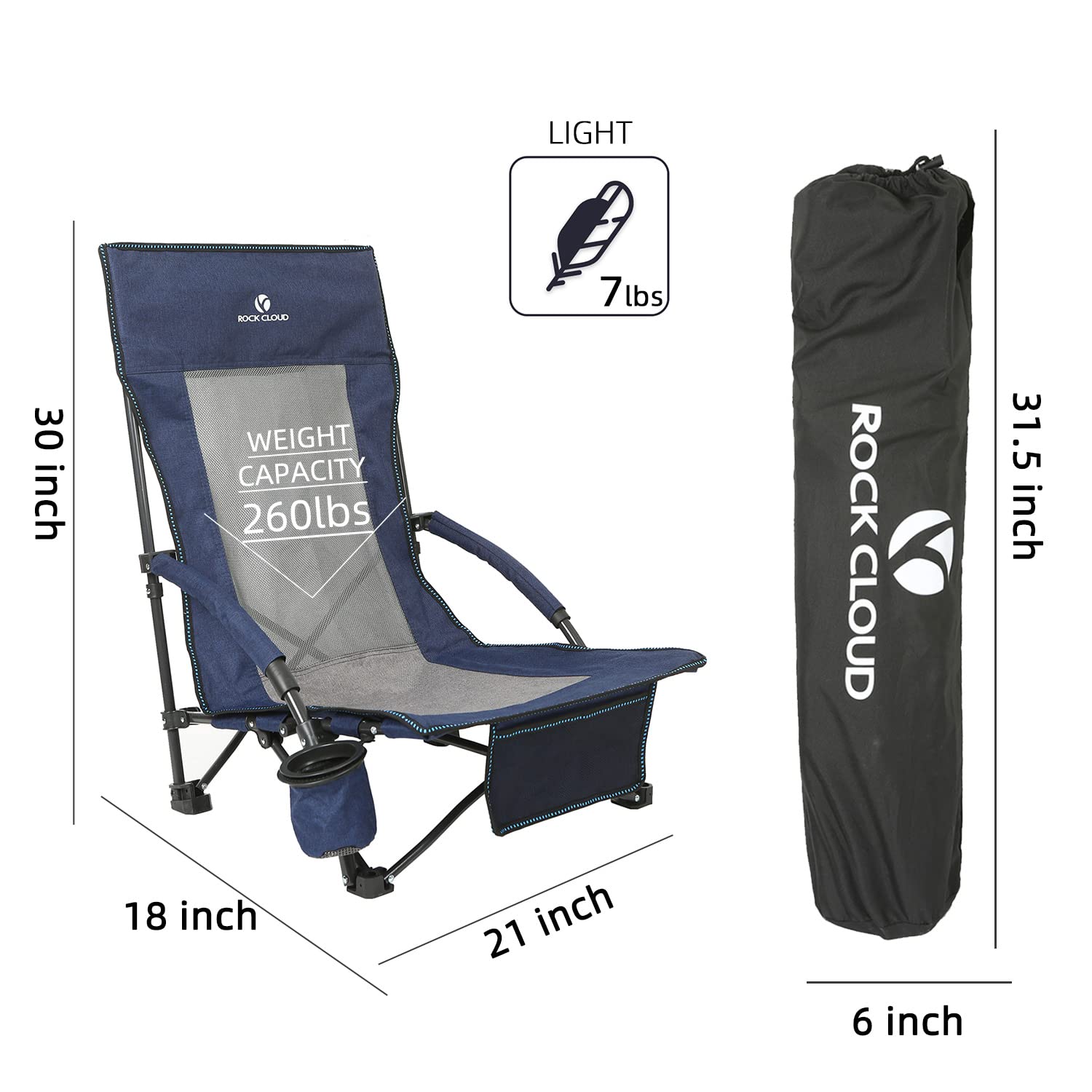 ROCK CLOUD Portable Folding Beach Chair - Lightweight Low Camping Chair for Outdoor Activities, Camping, Lawn, Hiking, Sports & Hunting (Navy Blue) - Perfect for Beach, Backyard, Picnic & Tailgating