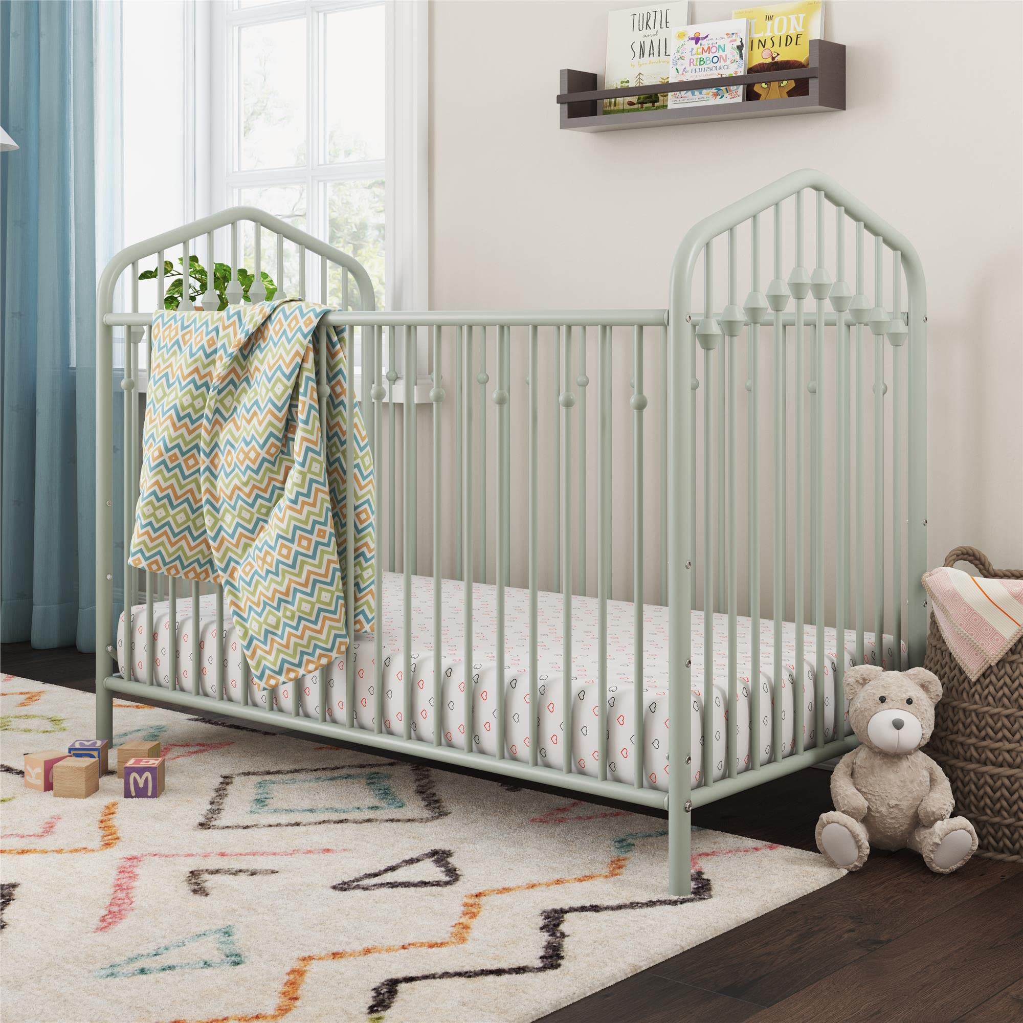 Novogratz Bushwick Metal Baby Crib with 3-Level Adjustable Mattress Height in Sage Green - Modern Nursery Essential for Newborns & Toddlers