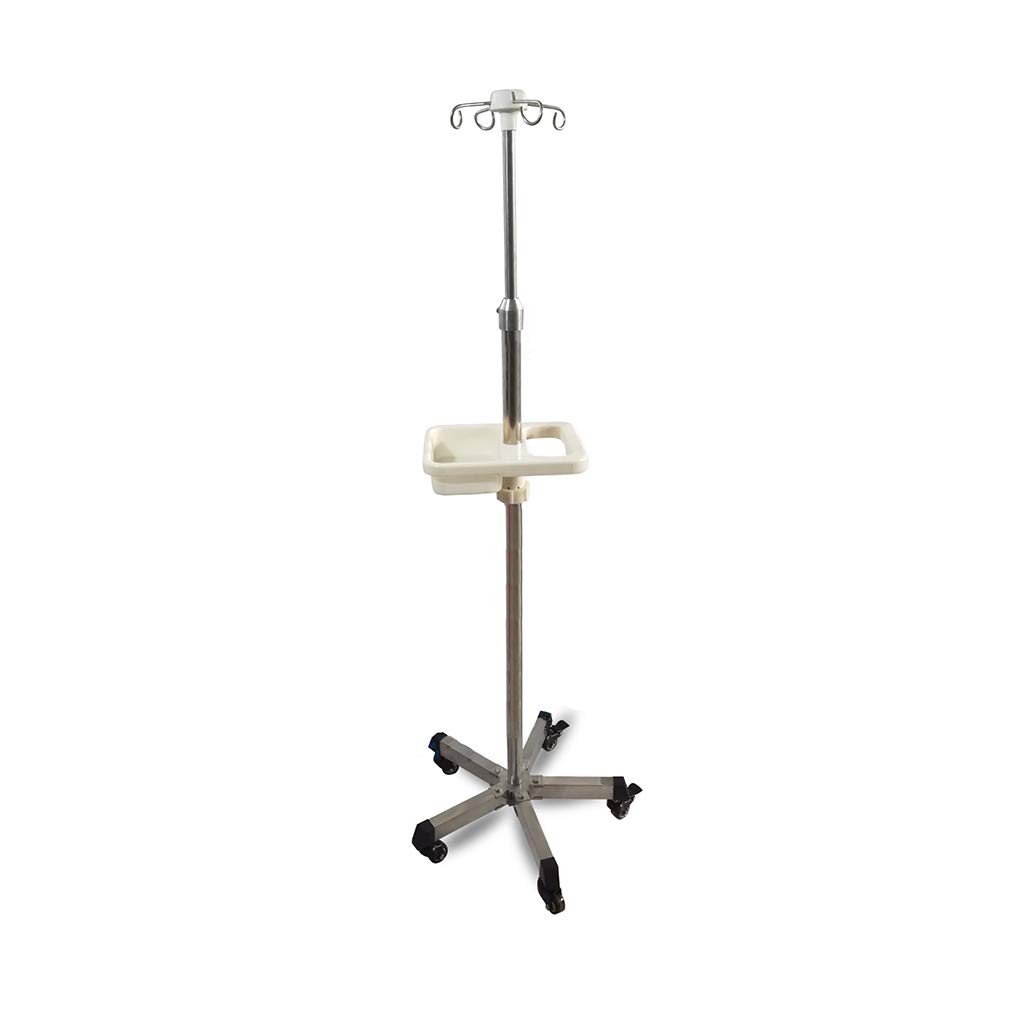 Stainless Steel IV Pole with 5-Wheel Base & Adjustable Height - Medical Infusion Stand with ABS Storage Tray (White/Blue) - Ideal for Hospitals, Clinics & Home Healthcare Use