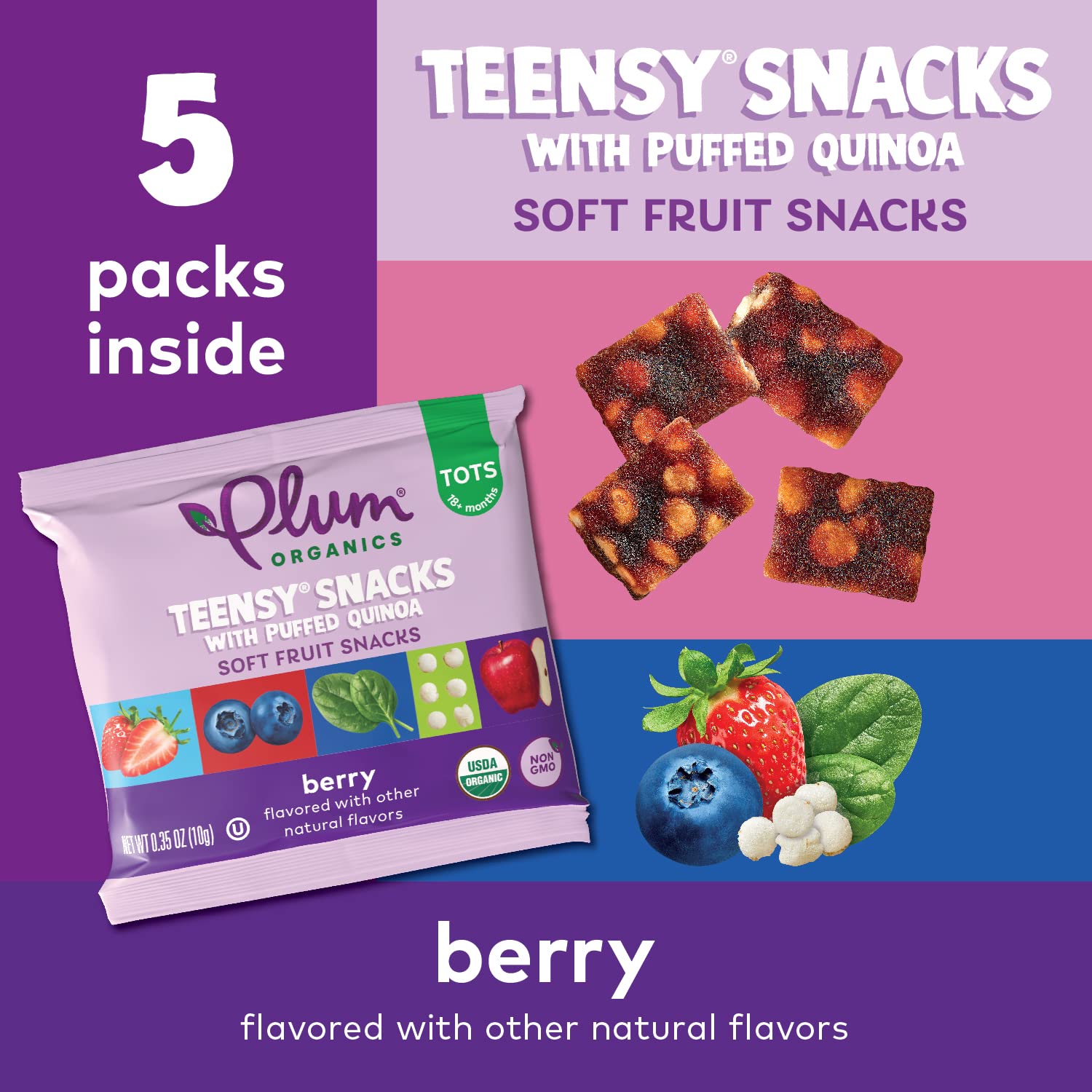 Organic Plum Teensy Snacks Berry Fruit & Quinoa Puffs - 40 Pack (0.35oz Bags) - Healthy Toddler Snacks for On-the-Go, Daycare & Lunchboxes