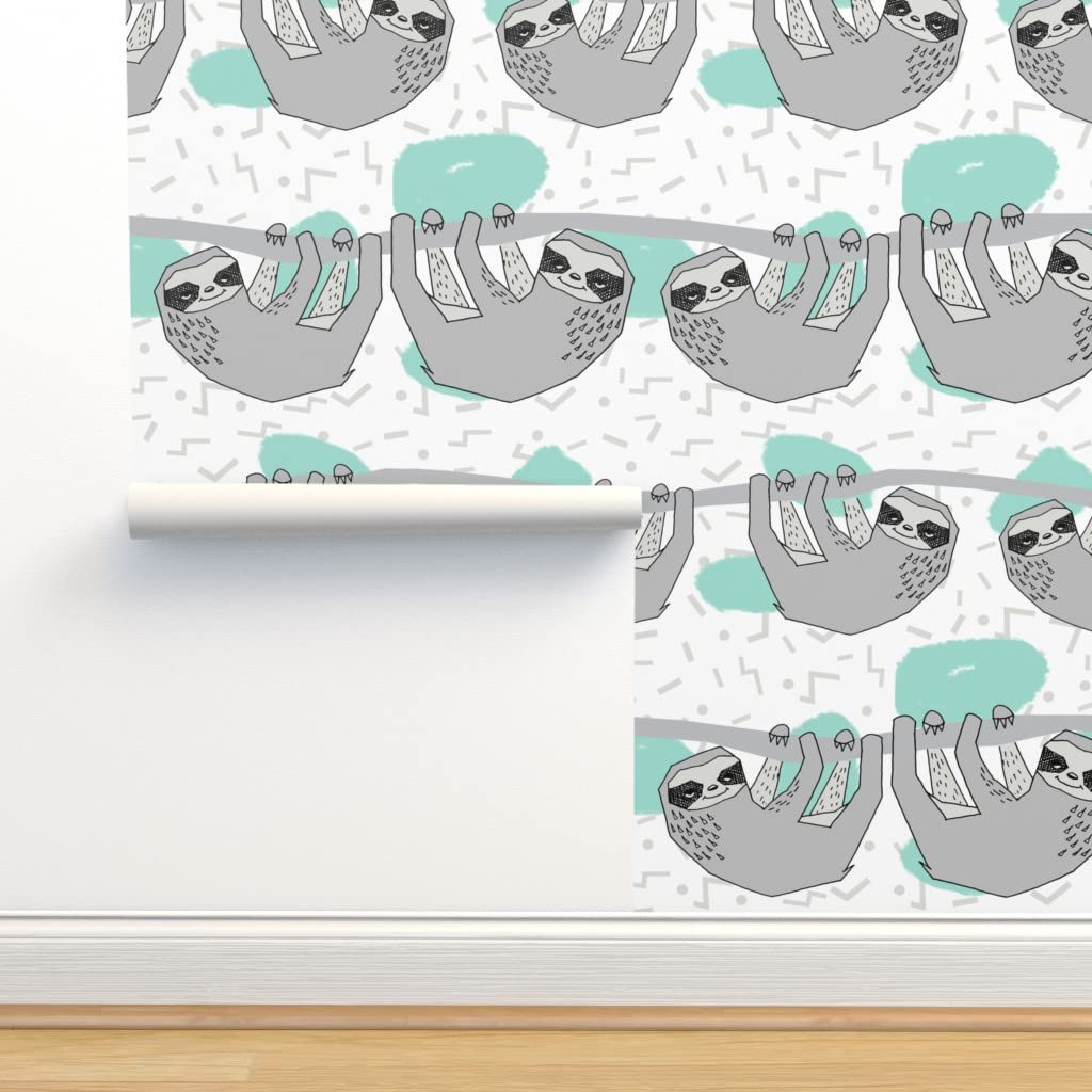 Commercial Grade Geo Sloth Pale Turquoise Wallpaper Swatch - Gender Neutral Animal & Geometric Design by Spoonflower | Perfect for Nursery, Kids Room & Boho Home Decor