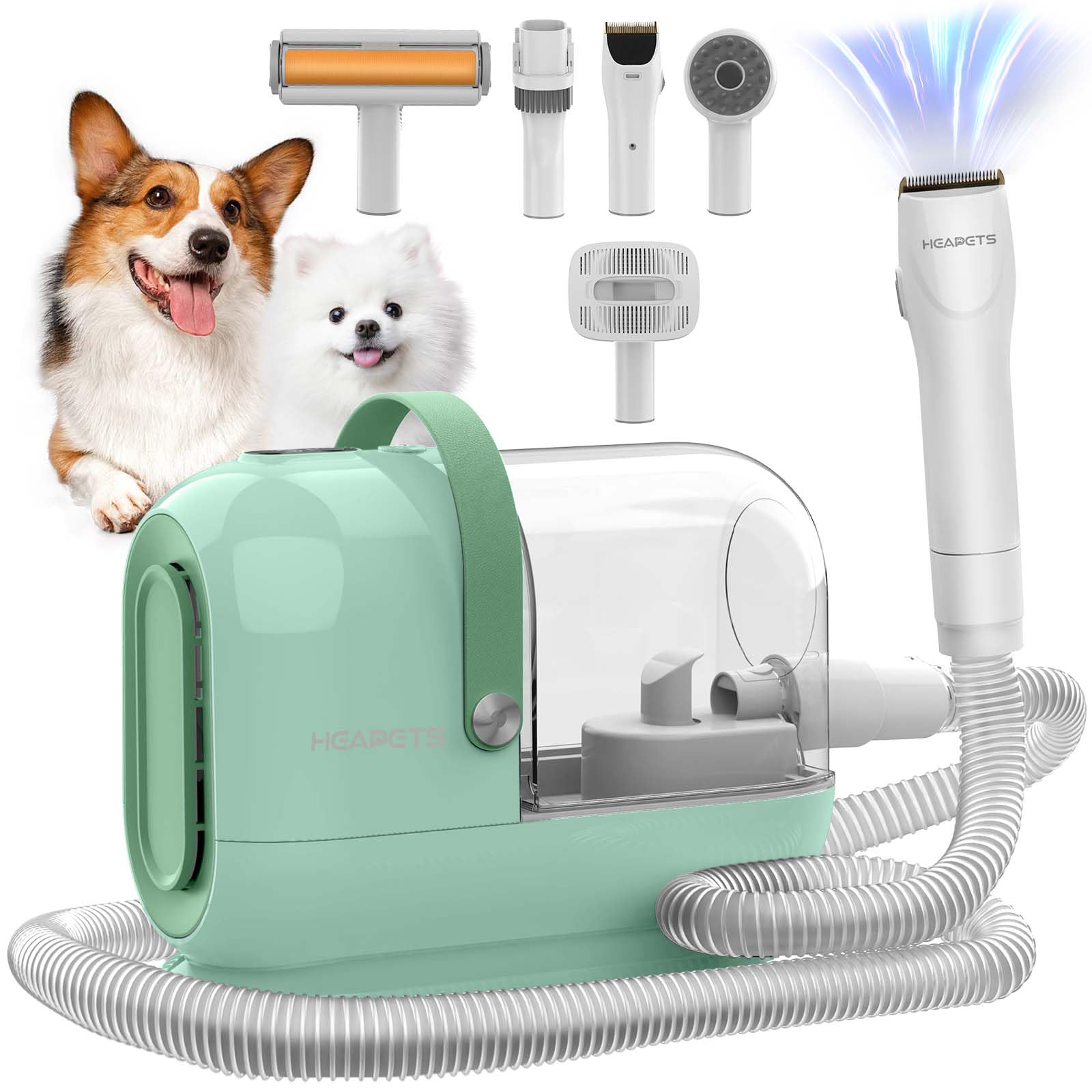 3L Dog Grooming Vacuum Kit with 7 Pet Grooming Tools - Low Noise Electric Clipper & Brush for Shedding Control - Perfect for Home Pet Grooming & Hair Removal (Green/Dark Green)