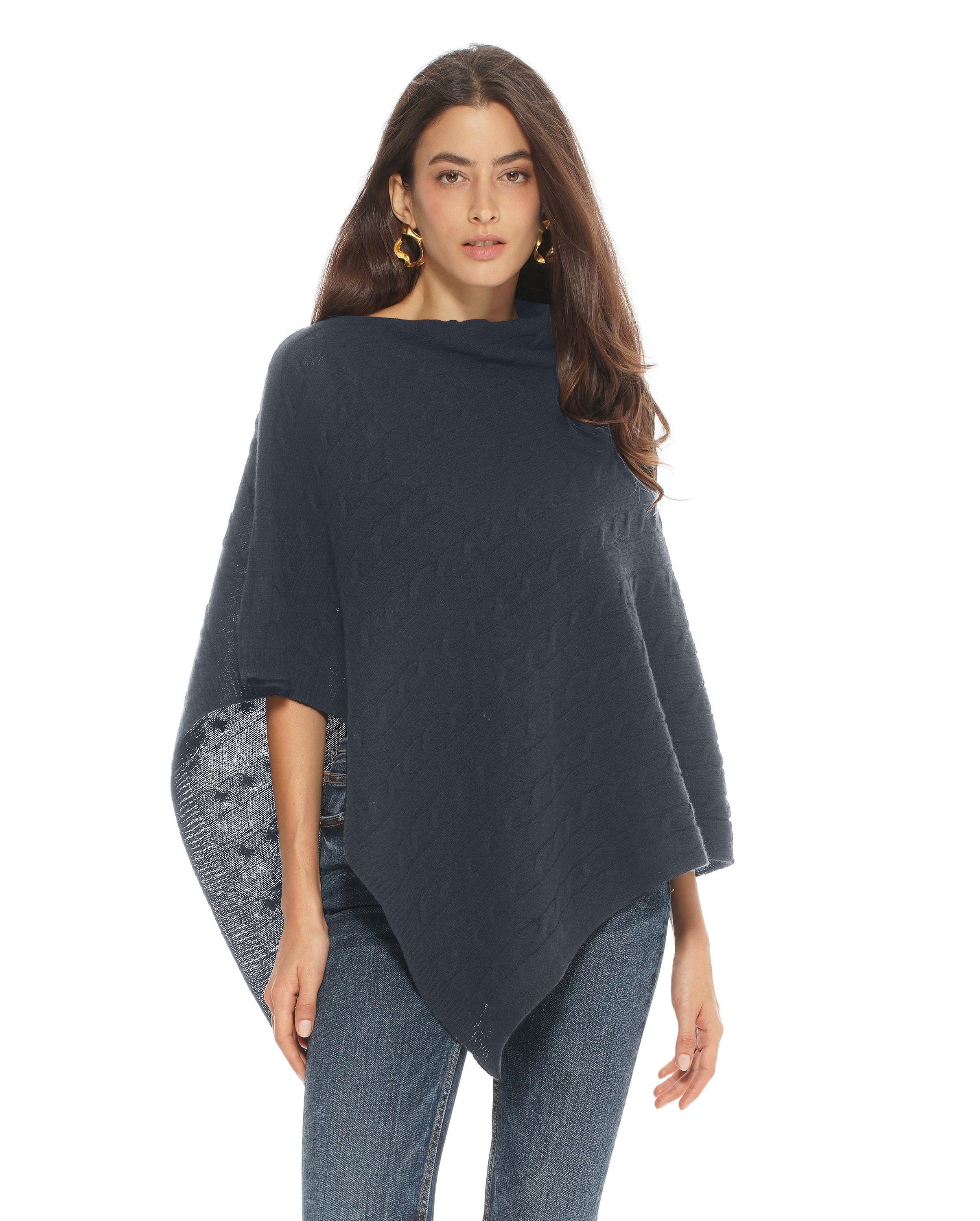 Luxury Women's Pure Cashmere Cable Knit Poncho - Soft & Warm Winter Shawl Wrap - Perfect for Fall, Winter & Holiday Outfits (Charcoal Grey)