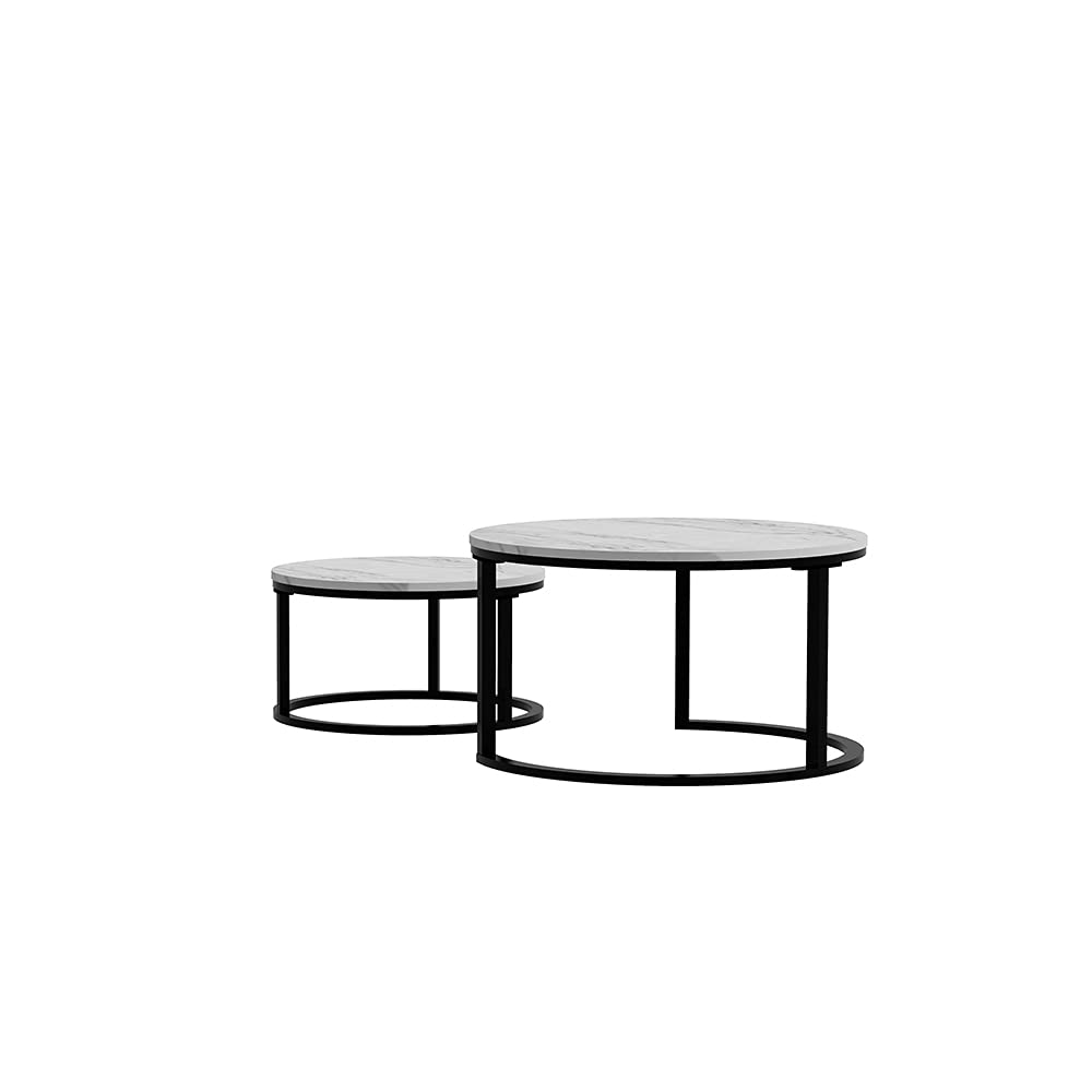 Modern Nesting Coffee Table - Black Metal & Marble Top for Living Room