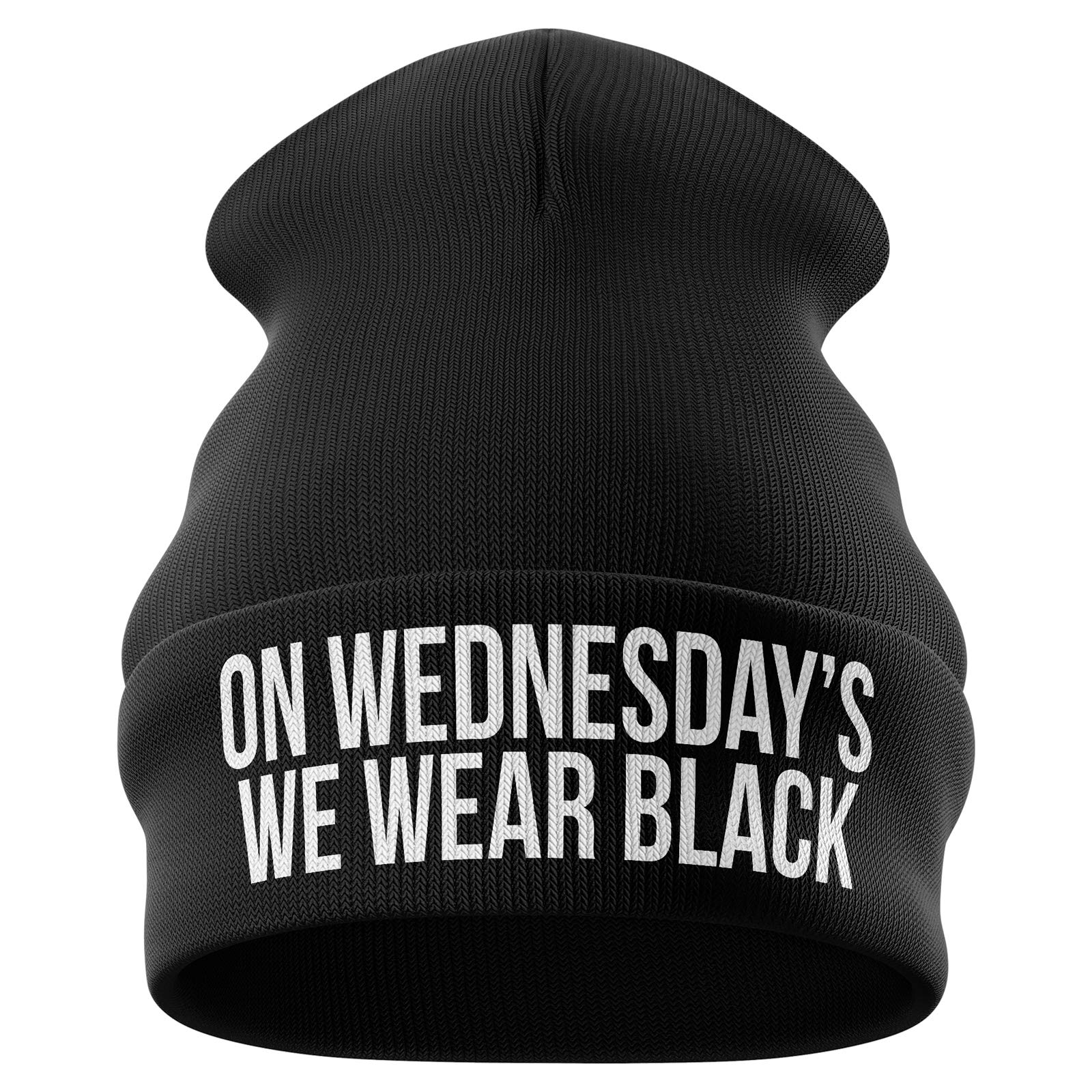 Funny 'On Wednesdays We Wear Black' Purple Print Beanie Hat for Women - Cute Winter Hats & Gifts for Ladies - Perfect for Movie Nights, Girls' Outings, and Casual Winter Fashion