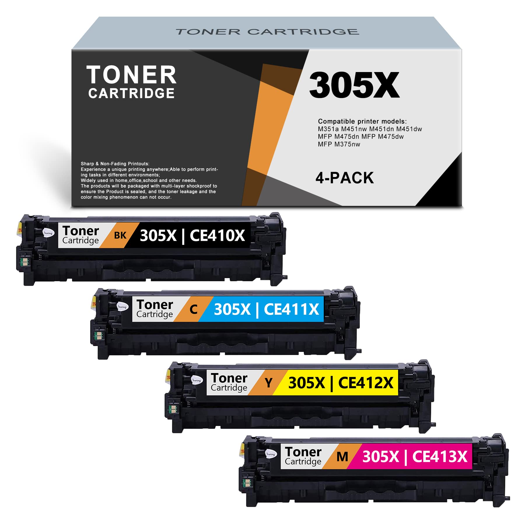 4 Pack HP Pro MFP M475dn/M475dw/M375nw/M351a/M451nw/M451dn/M451dw Compatible Toner Cartridges (BK/C/M/Y) - CE410X CE411X CE412X CE413X Replacement - High Yield Printing for Office & Home Use - Sold by ARSEINK
