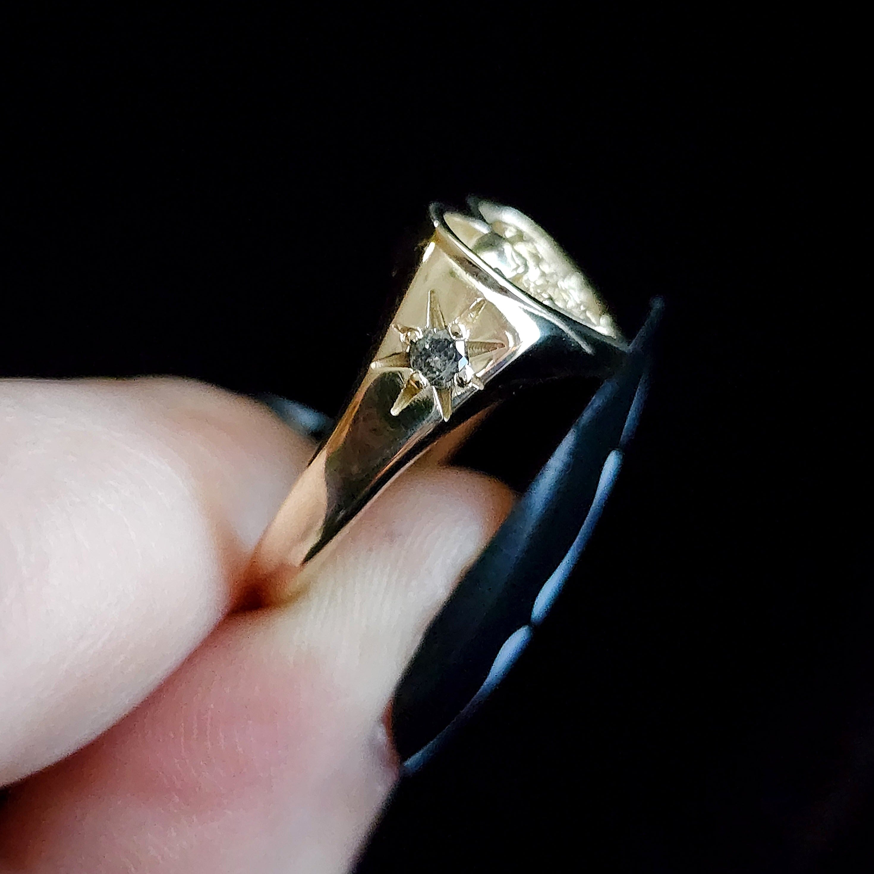 14K Gold Heart Signet Ring - The Lovers Skeleton Final Embrace Gothic Style Engagement Ring with Salt & Pepper Diamonds - Memento Mori Jewelry for Romantic Weddings, Gothic Fashion & Modern Mourning Gifts