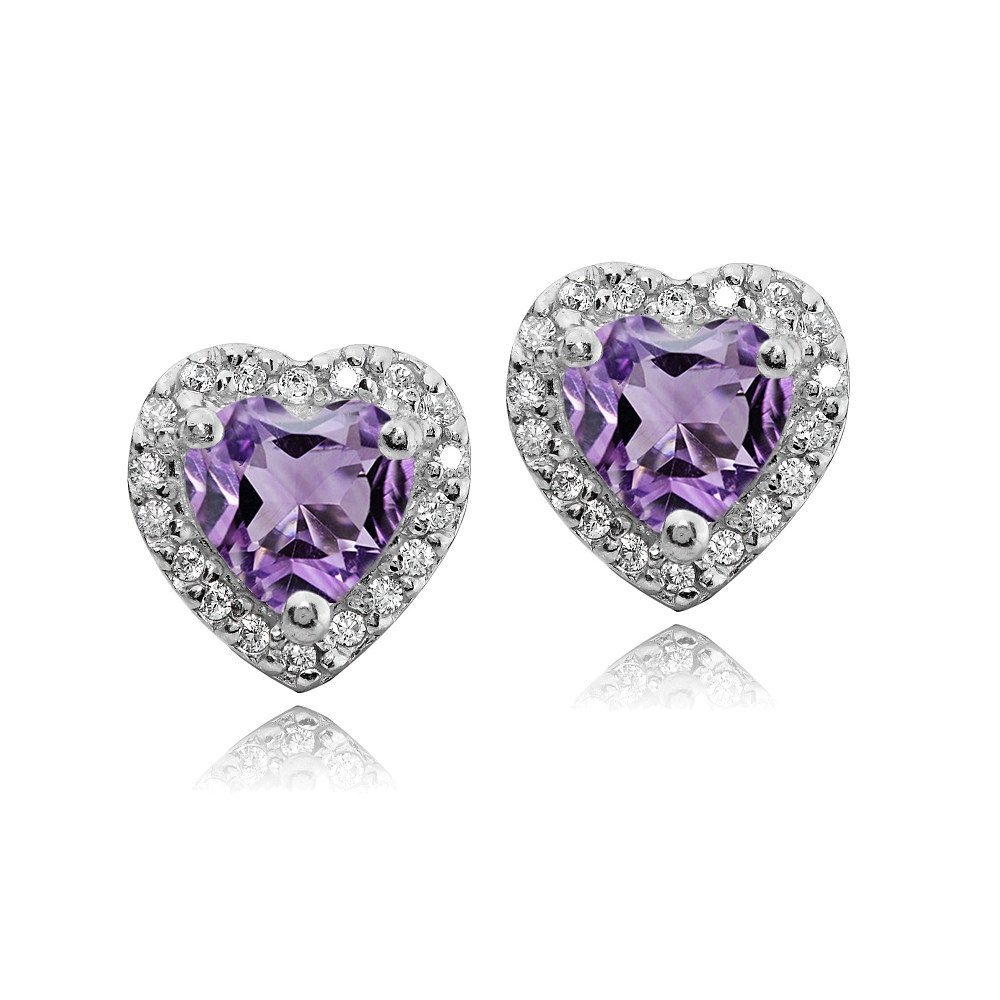 Sterling Silver Gemstone Birthstone & White Topaz Heart Halo Stud Earrings for Women | Valentine's Gift, Anniversary Jewelry, Everyday Wear