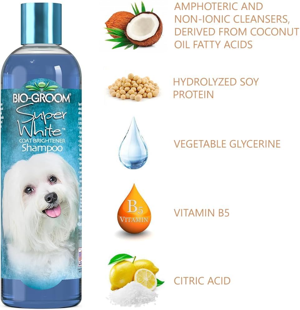 Bio-Groom Super Whitening Dog Shampoo for White Coats - 12 fl oz Cruelty-Free Pet Shampoo | Brightens & Cleans Puppy & Dog Fur | Ideal for Bathing, Grooming & Stain Removal