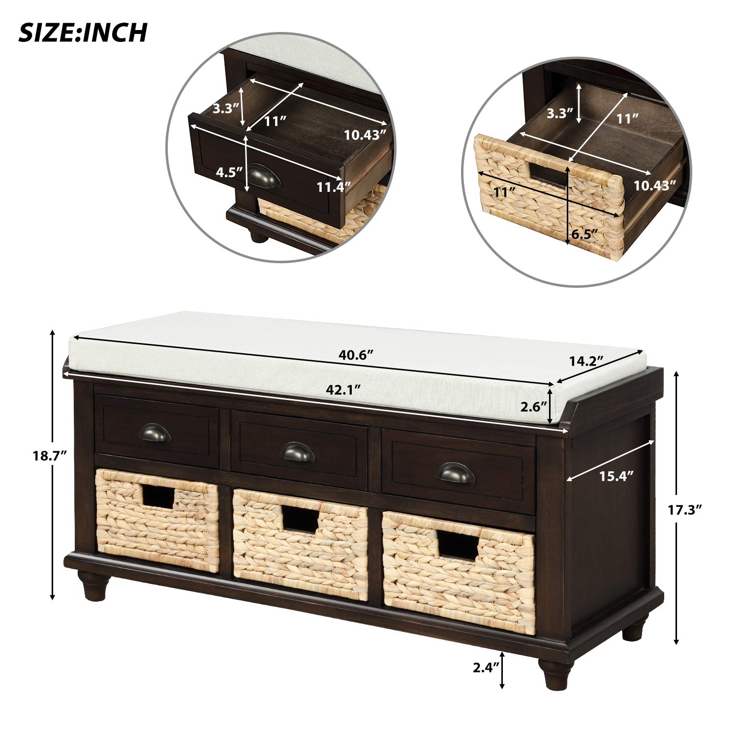 Rustic Wood Storage Bench with 3 Drawers & Baskets - Entryway, Bedroom, Living Room