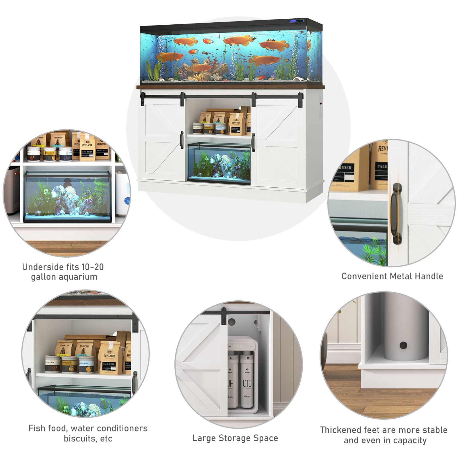 55-75 Gallon Heavy Duty Farmhouse Fish Tank Stand with Power Outlet & Sliding Barn Door - Aquarium Cabinet for Reptile Terrarium, Turtle Tank or Multiple Fish Tanks - Perfect for Home, Office or Pet Store Display (White)