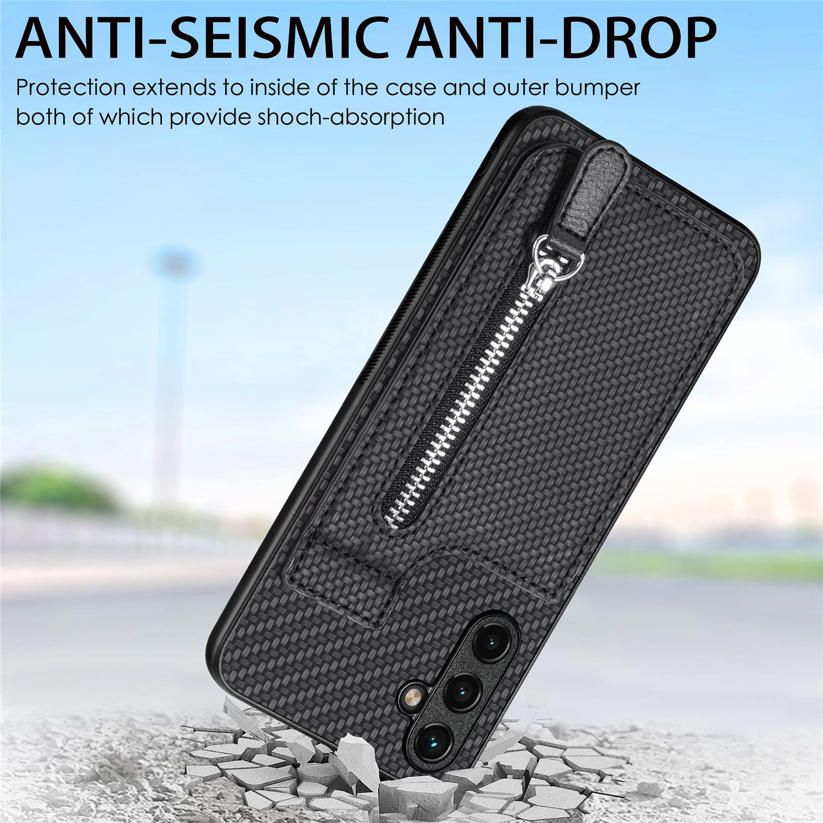 Premium PU Leather Zipper Wallet Case for Samsung Galaxy A02S - RFID Blocking Card Holder, Magnetic Kickstand & Secure Closure | Perfect for Daily Use, Travel & Business (Black)