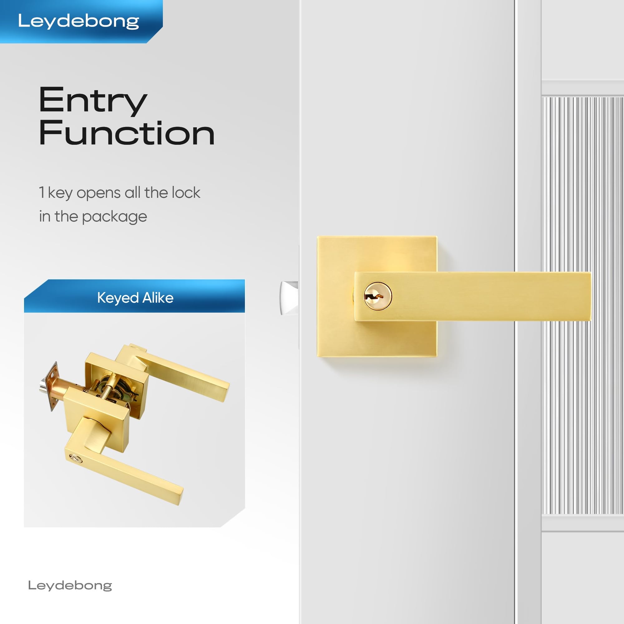 10 Pack Keyed Alike Gold Door Handles with Lock - Heavy Duty Entry Door Levers for Indoor/Outdoor Use (Bedroom, Bathroom, Front Door) - Reversible for Left/Right Handed - Includes Keys - Perfect for Home Security & Easy Access