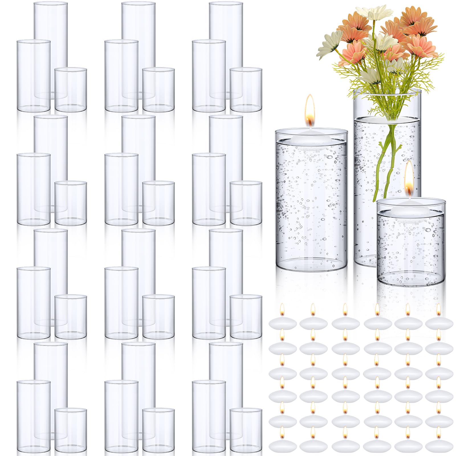 36 Pcs Clear Glass Cylinder Vase Set with Floating Candles - 4/6/8 Inch Tall Centerpiece Vases for Weddings, Parties & Home Decor - Perfect for Table Decorations, Floral Arrangements and Romantic Ambiance