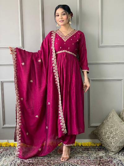 Elegant Magenta Gold Embroidered Salwar Suit with Matching Dupatta Set | Indian Ethnic Wear for Weddings & Festivals