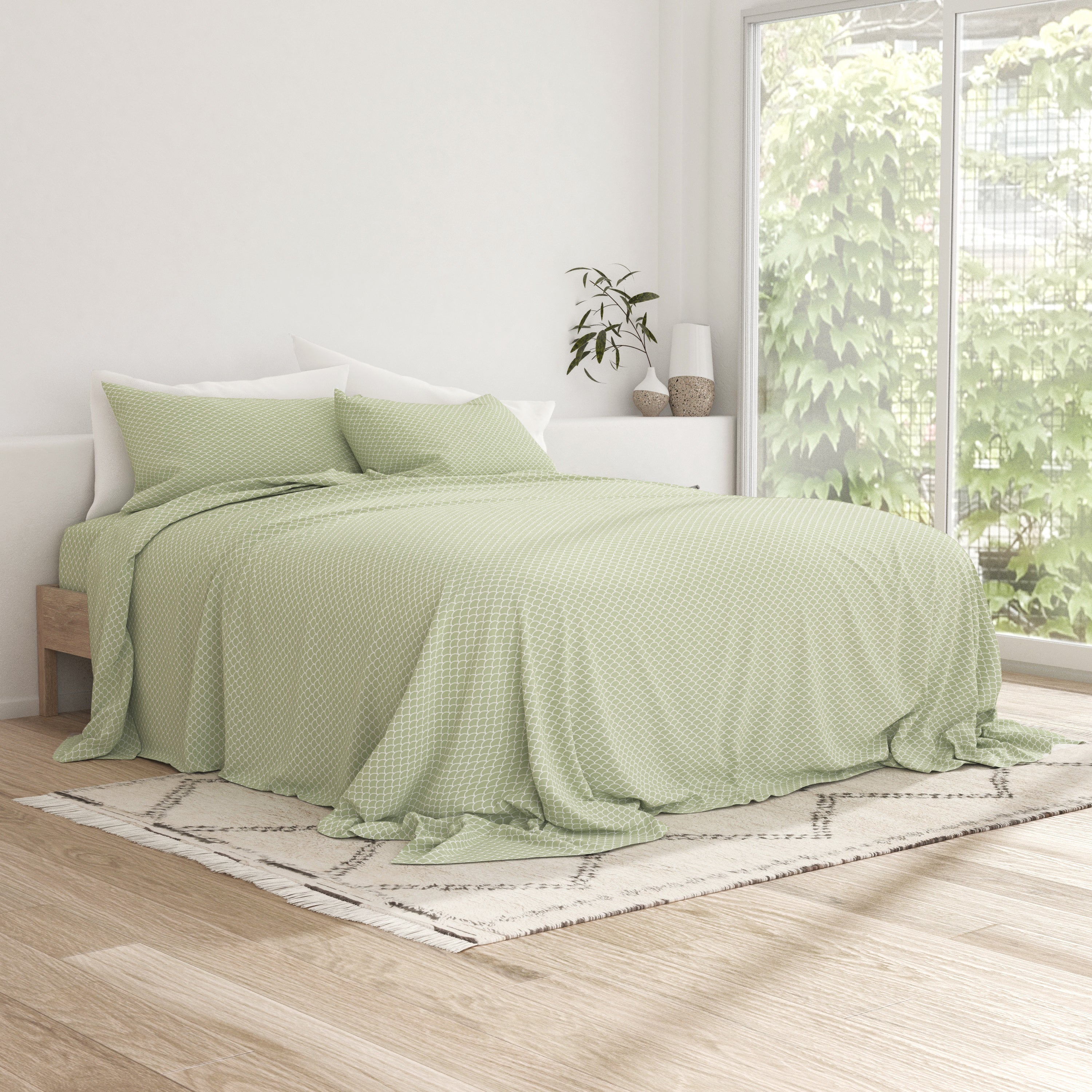 Premium Scallop Pattern 4-Piece Queen Size Bed Sheet Set - Soft Breathable Cotton Blend - Perfect for Master Bedroom, Guest Room & Vacation Homes