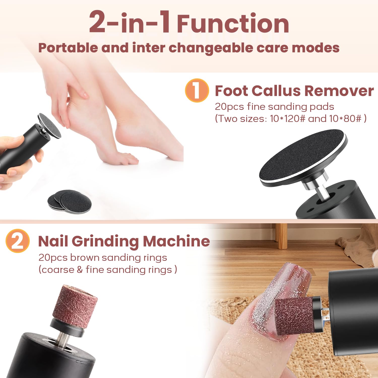Electric Foot Callus Remover & Nail Grinder - 2 in 1 Rechargeable Foot File with 6 Speed Settings & 2 Mode Disc Sandpaper - Professional Pedicure Tool for Dry Dead Skin Removal - Perfect for Home Pedicures, Salon Use & Foot Care Routines