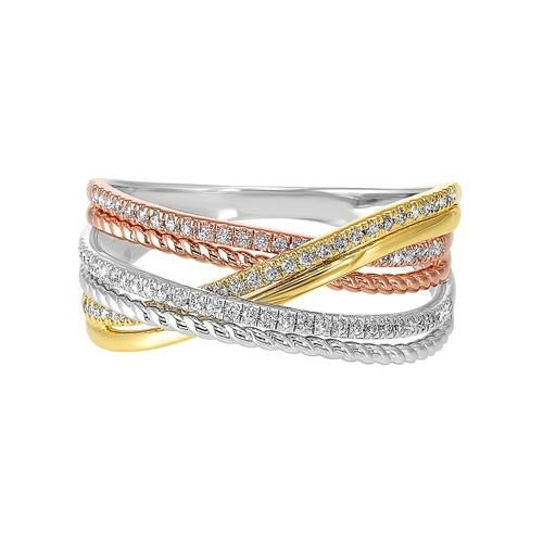 Tri-Color Gold Diamond Luxe Braided Multi Band Ring (1/5ctw) - Perfect for Weddings, Anniversaries & Special Occasions