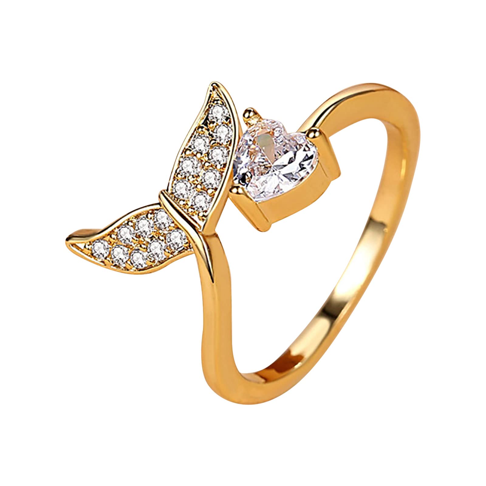 Elegant Fishtail Heart Zircon Ring for Women - Adjustable Crystal Jewelry Gift for Wife, Girlfriend - Gold Tone Fashion Accessory - Perfect for Anniversaries, Valentine's Day & Special Occasions