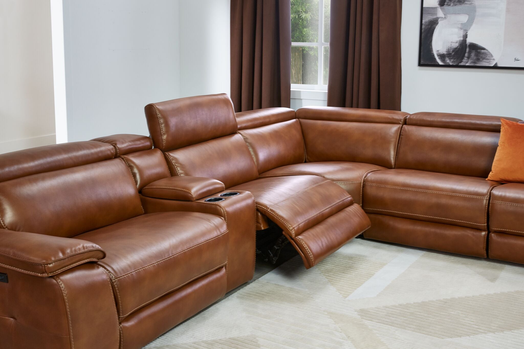 Corsica 6-Piece Dual Power Reclining Sectional Sofa Set with USB Chargers - Brown Leather Living Room Furniture for Home Theater & Family Gatherings