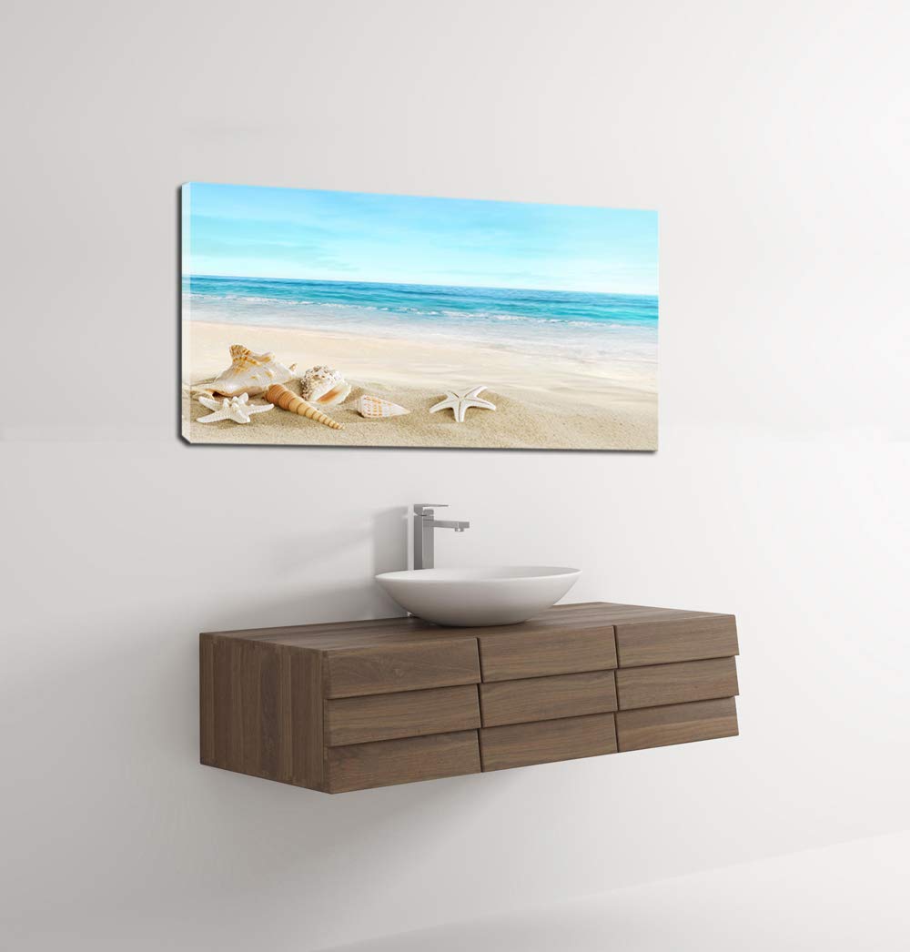 Beach Wall Art Decor - Ocean Painting Canvas Print with Starfish & Seashells on Sandy Shore | Ready to Hang Living Room, Bedroom & Office Decor | Coastal Home Decoration for Beach House & Vacation Rental
