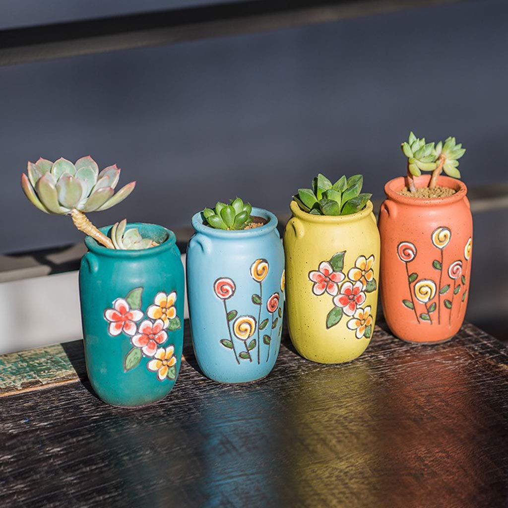 2.5 Inch Hand Painted Ceramic Succulent Planter Pots with Drainage Hole & Saucer - Set of 4 Round Cactus Planters in Green, Yellow, Orange & Blue - Perfect for Home Decor, Office Desk & Indoor Gardening Gifts
