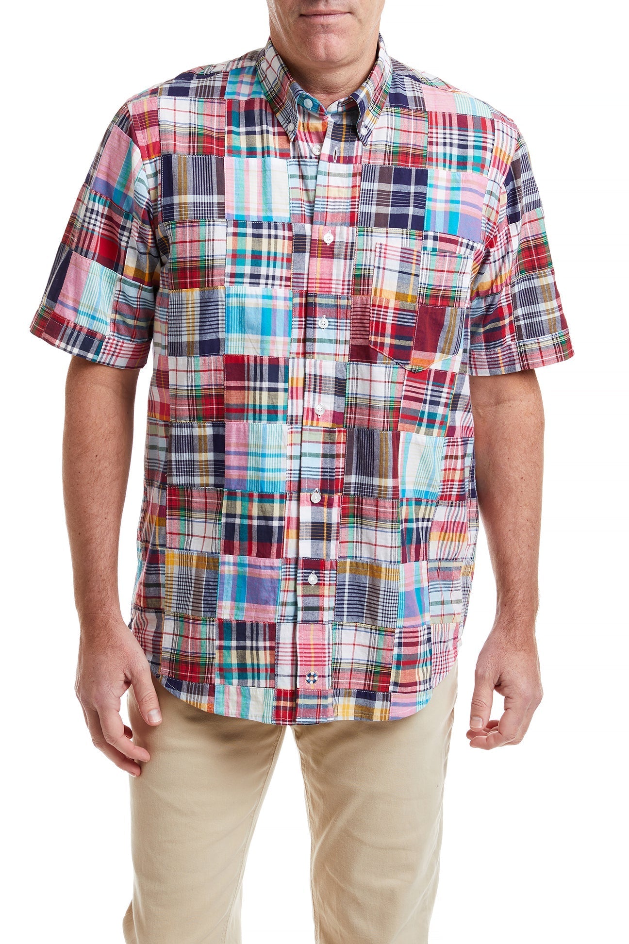 Chase Short Sleeve Shirt with Hingham Patch Madras Print - Casual Summer Button Down Shirt for Men | Perfect for Beach Outings, Picnics, and Weekend Getaways