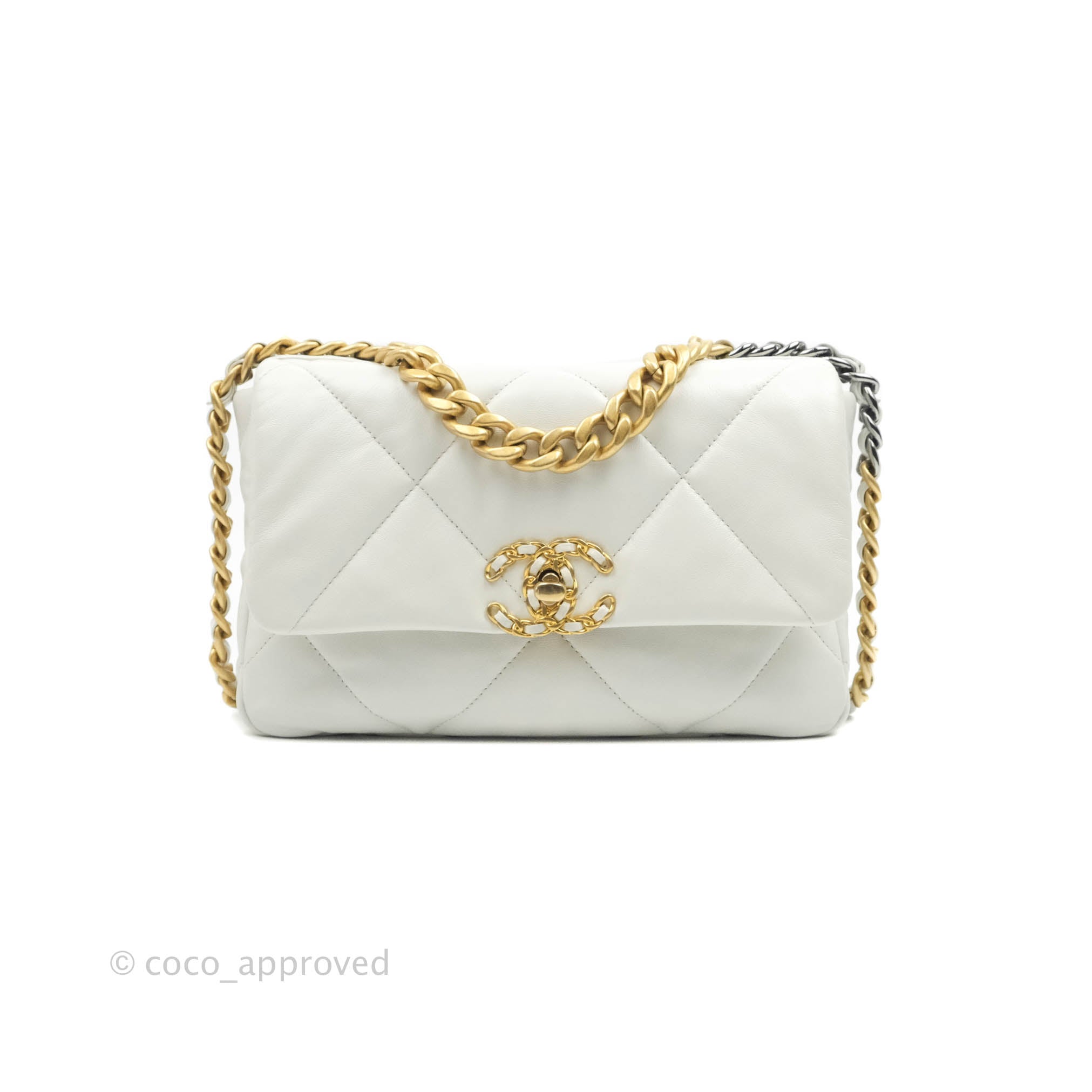 Chanel 19 Small White Goatskin Leather Bag with Mixed Gold & Silver Hardware - Luxury Crossbody Shoulder Bag for Women, Perfect for Date Night & Special Occasions