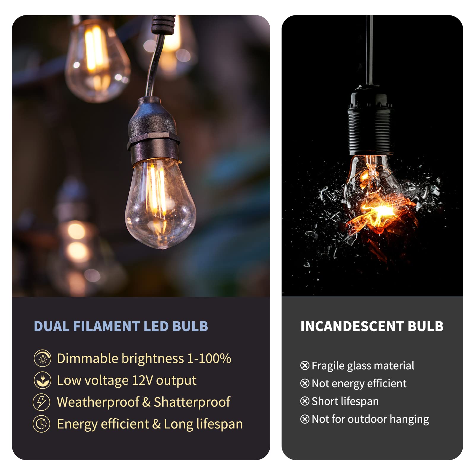 XMCOSY+ 98Ft Smart Outdoor String Lights - Waterproof LED Patio Lights with 10Ft Extension Cord, Warm White & Dimmable for Backyard, Garden, Wedding, Party Decoration