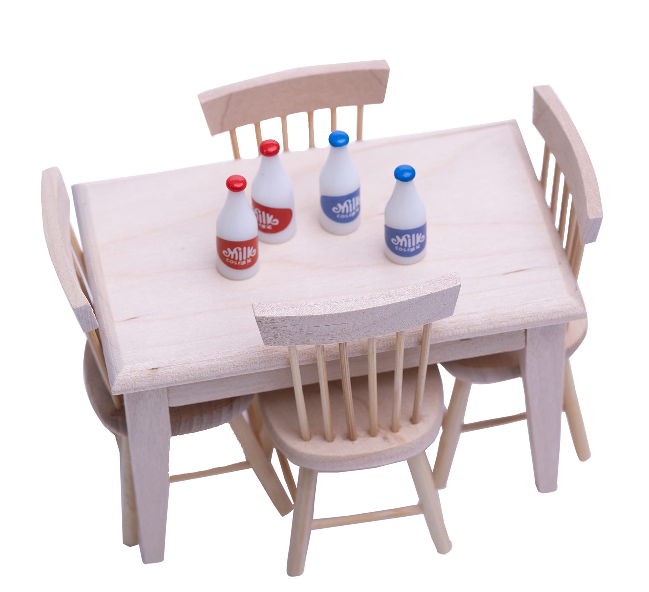 1:12 Scale Miniature Dollhouse Furniture Set - Wooden Dining Table & Chairs with Milk Bottle Accessories | Perfect for Dollhouse Decor, Collectors, and DIY Miniature Scenes