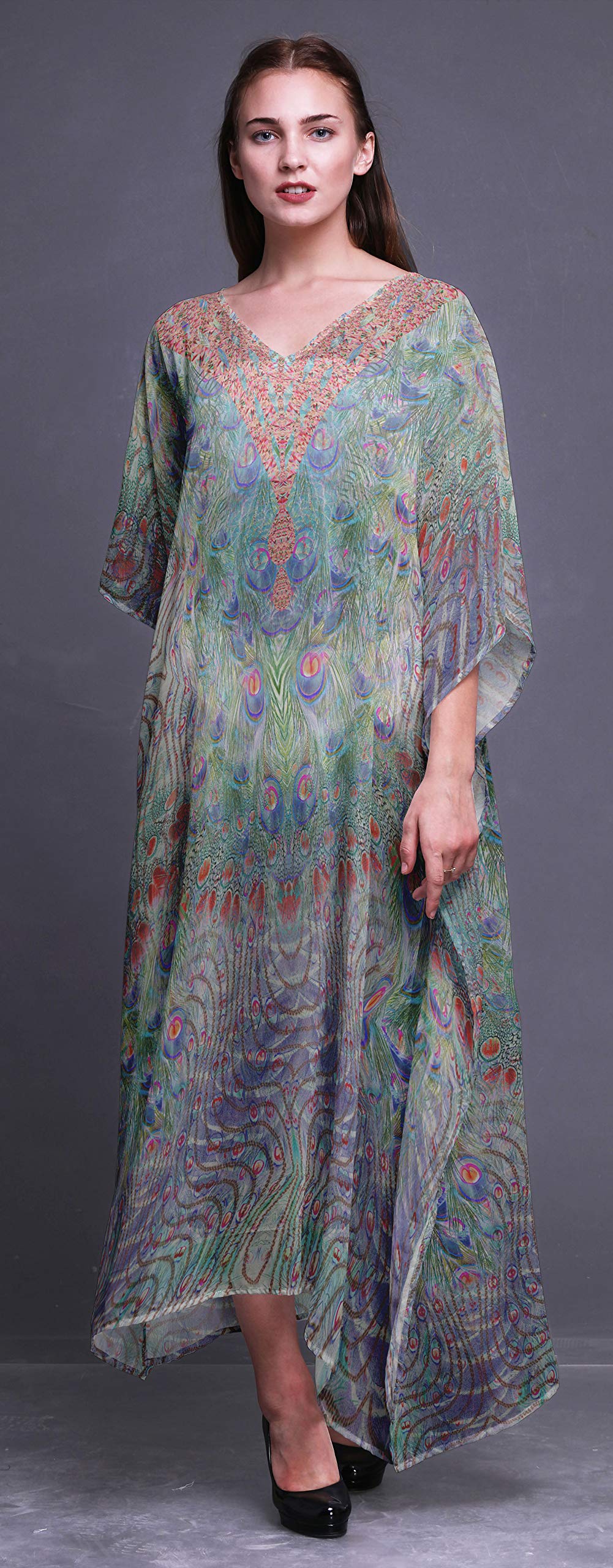 Peacock Feather Women's Long Beach Kaftan - Flowy Bikini Cover Up Maxi Dress for Summer Vacation, Pool Party & Boho Fashion