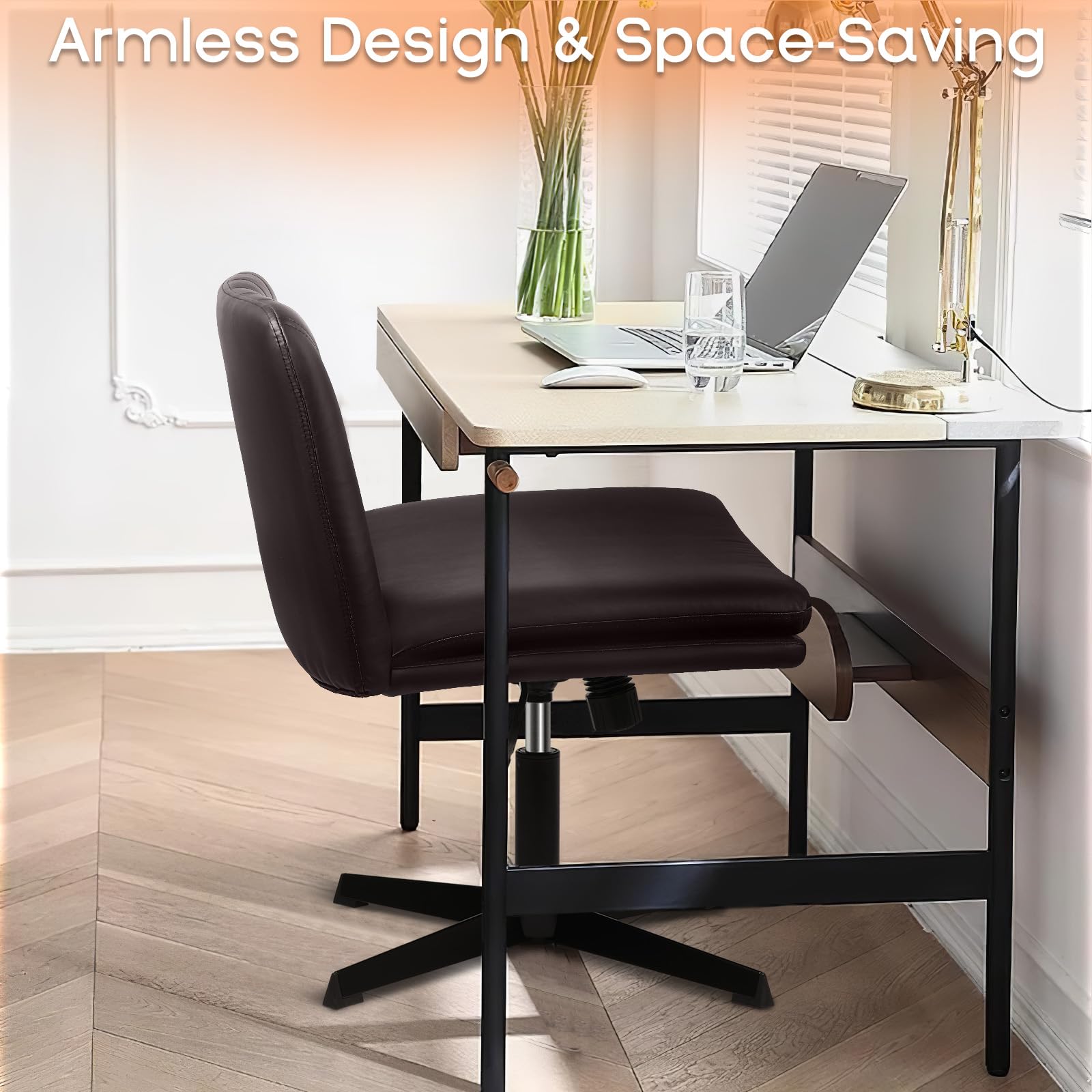 PUKAMI Criss Cross Legged Office Chair - Armless PU Leather Swivel Desk Chair with Height Adjustable Wide Seat & Mid Back Support - Modern Home Office Computer Task Chair for Working, Studying & Vanity Makeup