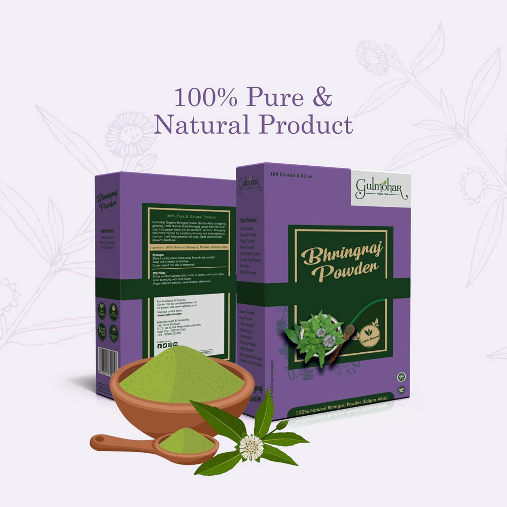 Gulmohar 100% Natural Bhringraj Powder for Hair Growth & Care - 100g | Ayurvedic Herbal Treatment for Thicker, Longer Hair | Promotes Scalp Health & Reduces Hair Fall - Perfect for DIY Hair Masks & Natural Hair Care Routines