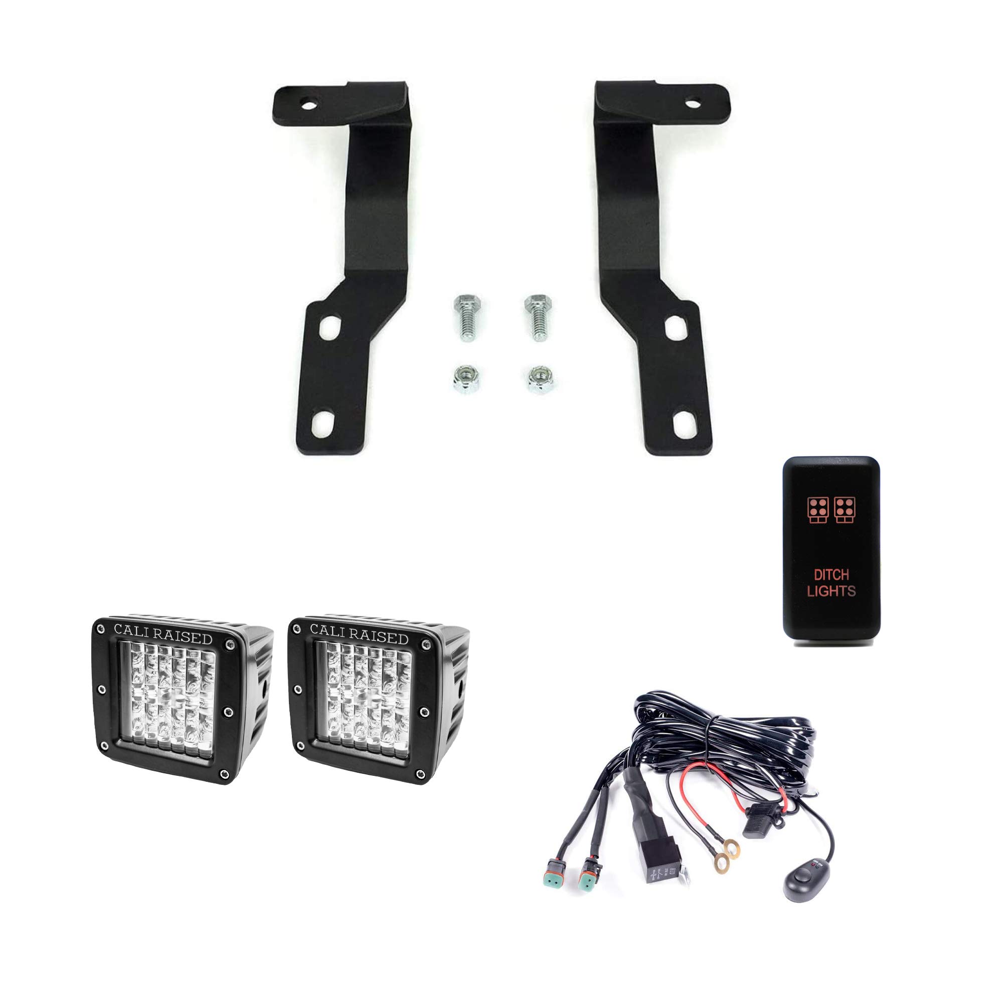 Cali Raised LED Profile Ditch Light Brackets Kit for 2005-2015 Toyota Tacoma - 3x2 18W LED Pods with Wiring Harness & Amber Backlight Switch - Off-Road Lighting for Night Driving, Camping & Adventure